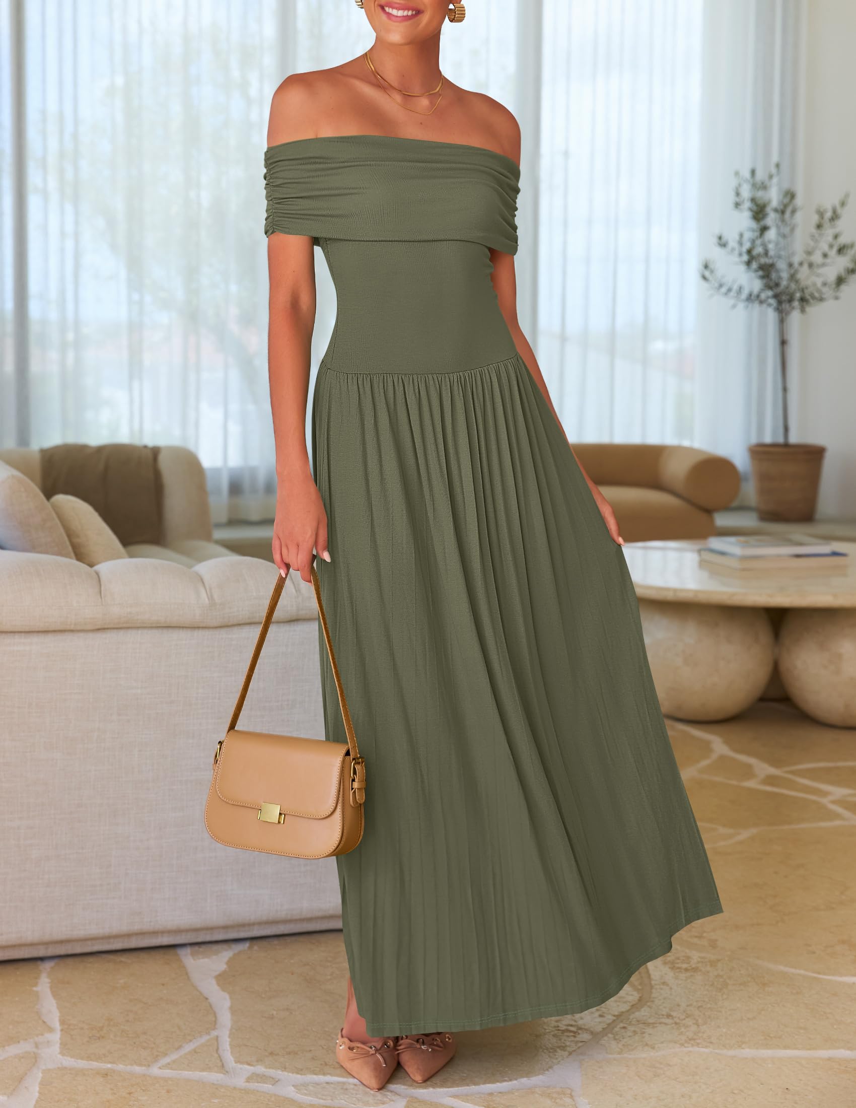 Foto 7 | Vestido Largo Zesica 2025 Con Hombros Descubiertos, Casual, De Verano, Verde Militar - Venta Internacional.