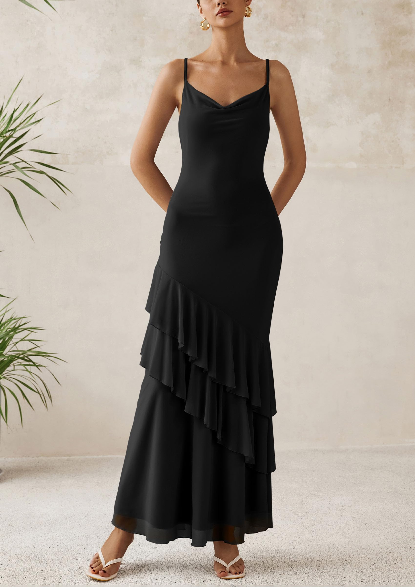 Foto 3 | Vestido Largo Prettygarden 2025, Estampado Floral Escalonado, Negro, Talla S - Venta Internacional.