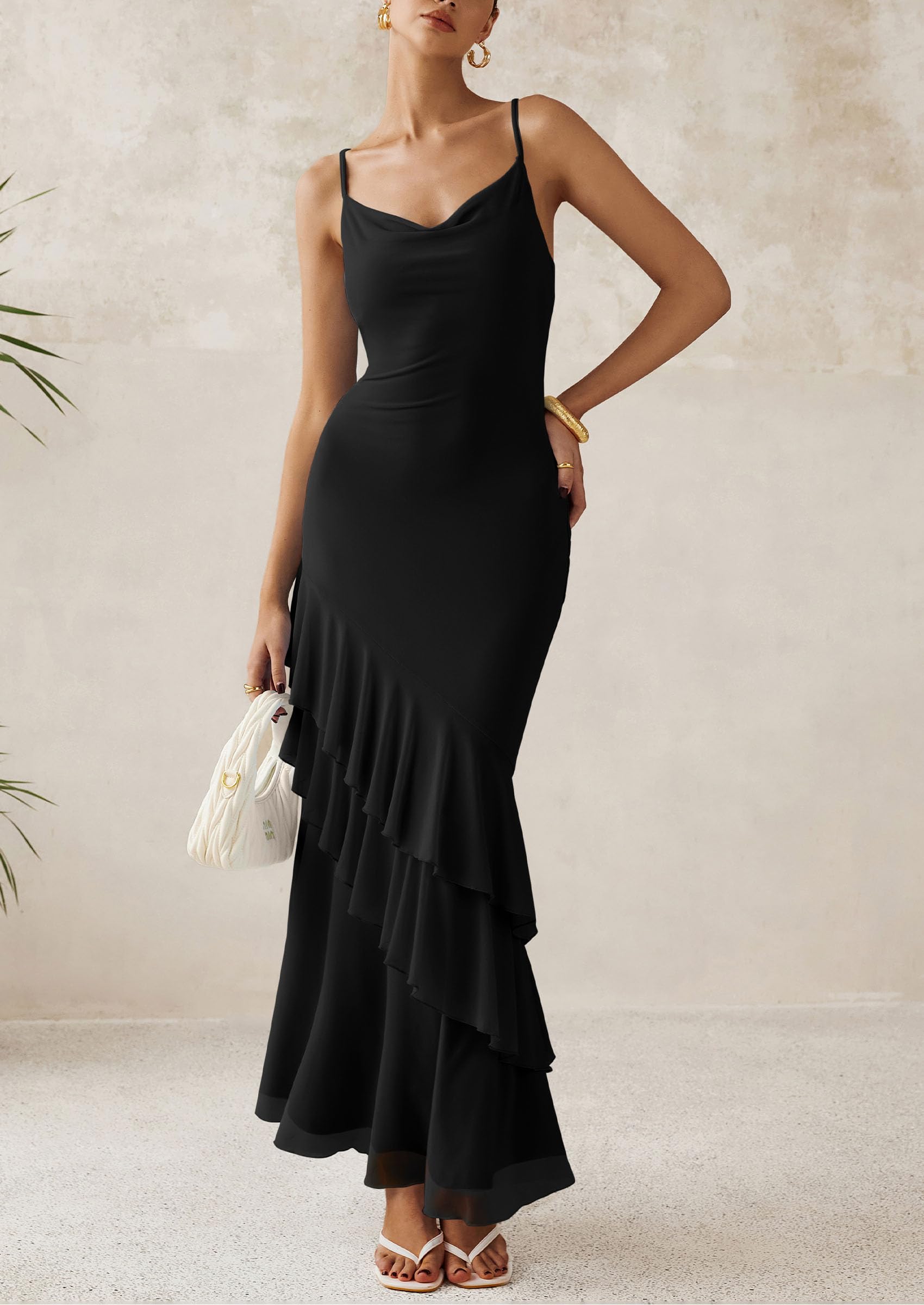 Foto 5 | Vestido Largo Prettygarden 2025, Estampado Floral Escalonado, Negro, Talla S - Venta Internacional.