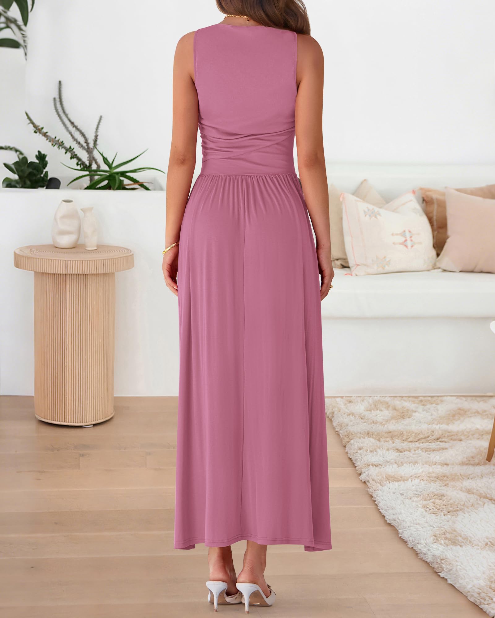 Foto 4 pulgar | Vestido Largo Btfbm Para Mujer 2025, Verano, Con Cuello De Barco Fruncido, Rosa - Venta Internacional.