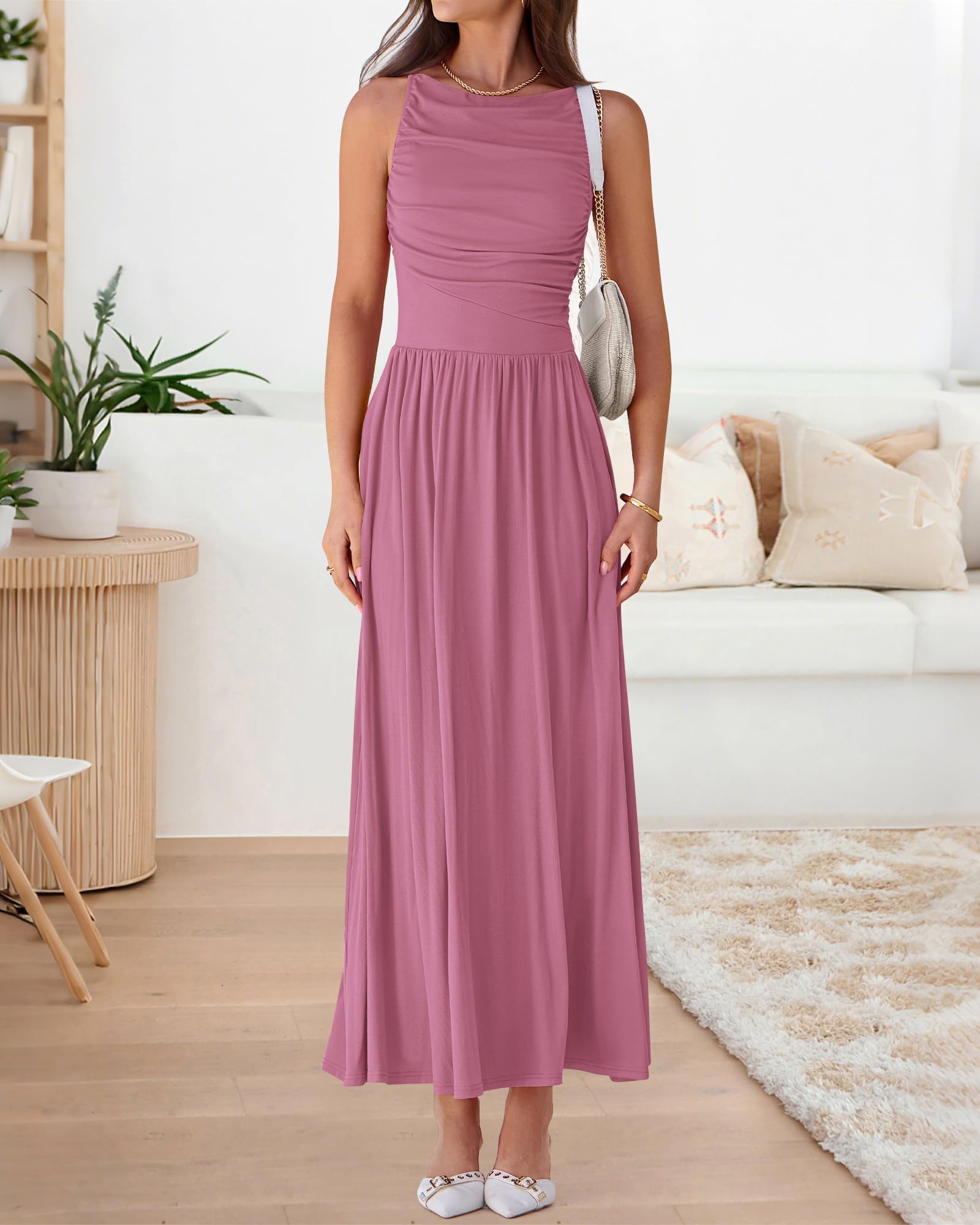 Foto 8 pulgar | Vestido Largo Btfbm Para Mujer 2025, Verano, Con Cuello De Barco Fruncido, Rosa - Venta Internacional.