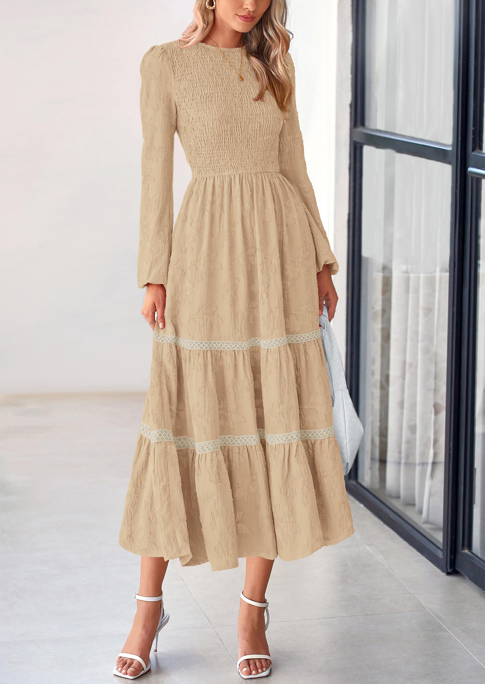 Foto 4 pulgar | Vestido Midi Prettygarden De Manga Larga Con Estampado Floral Fruncido Para Mujer - Venta Internacional.