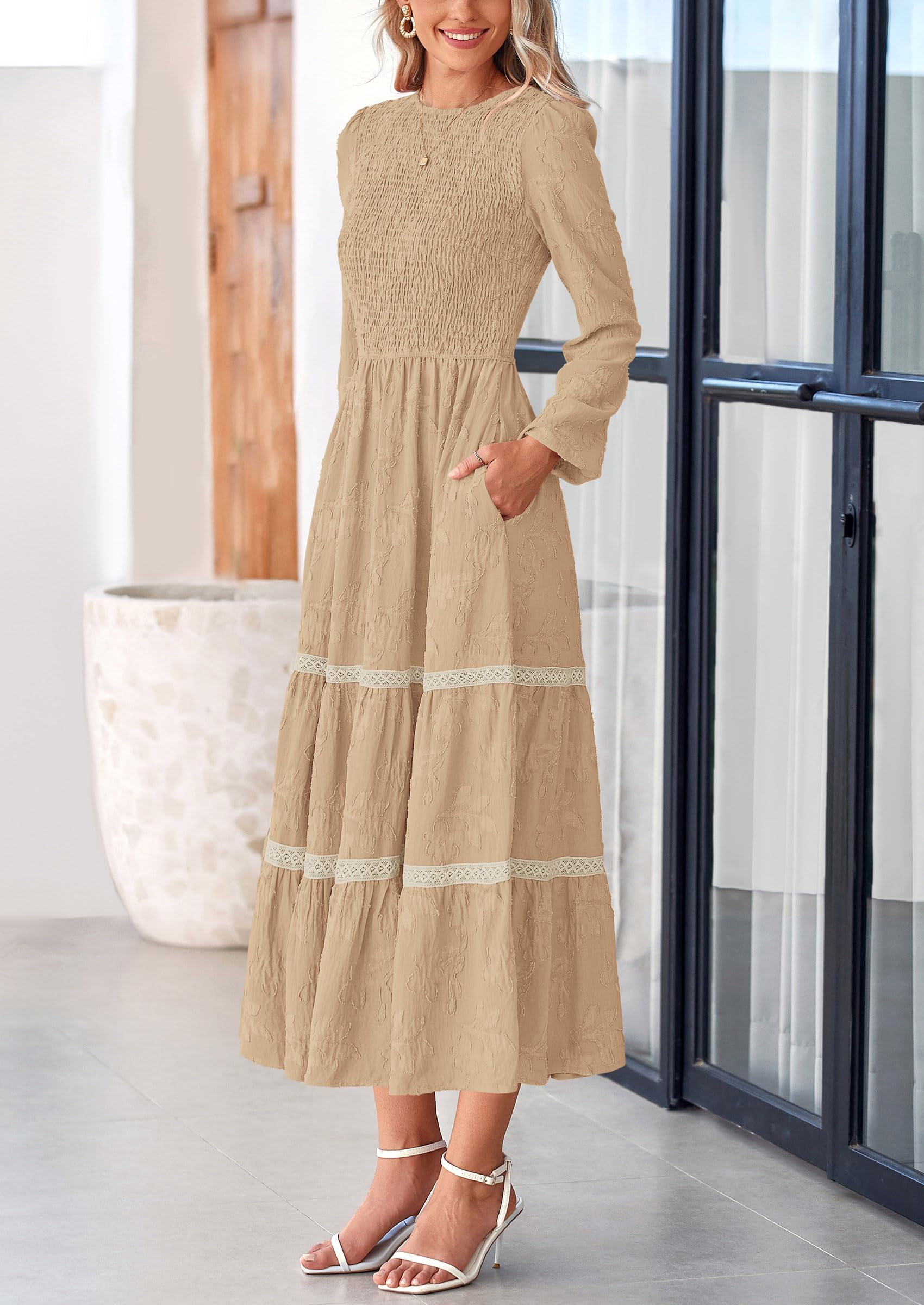 Foto 5 pulgar | Vestido Midi Prettygarden De Manga Larga Con Estampado Floral Fruncido Para Mujer - Venta Internacional.