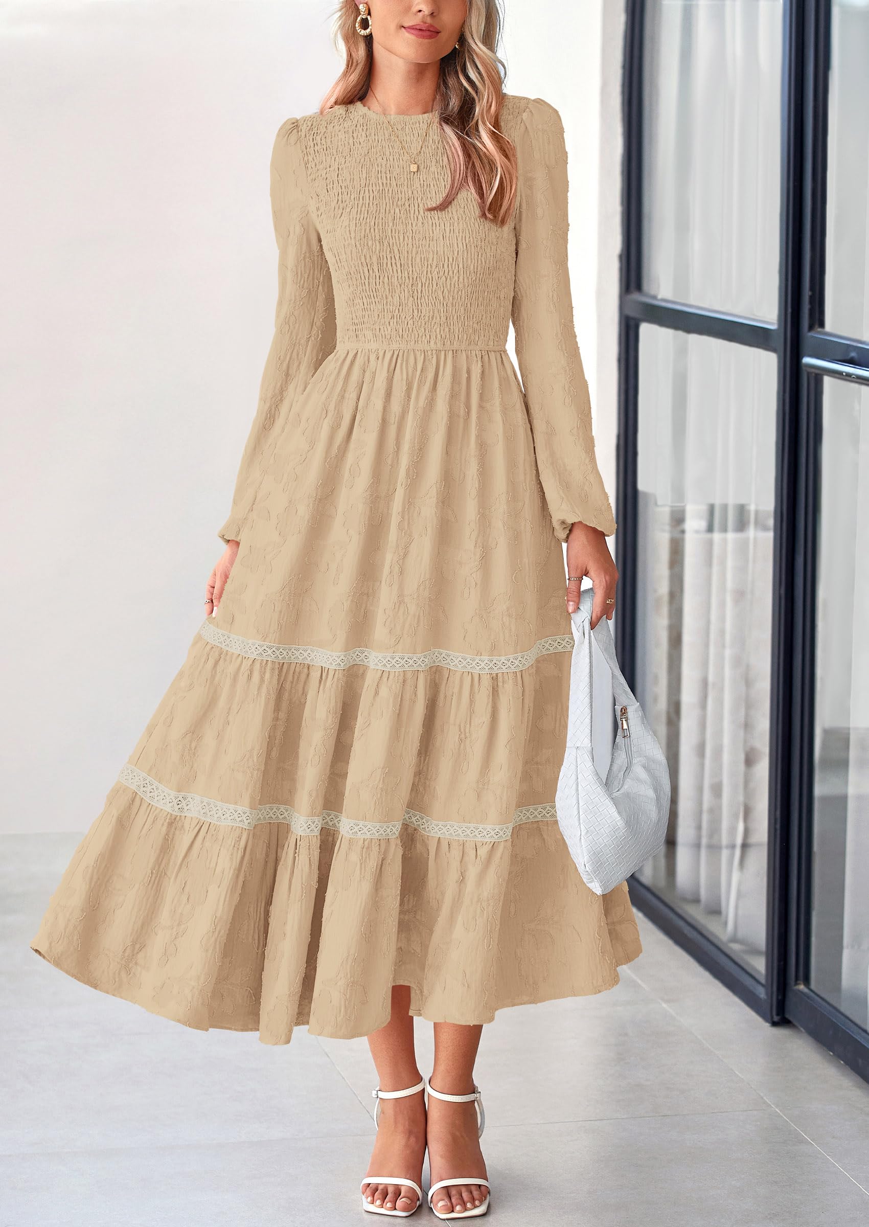 Foto 6 pulgar | Vestido Midi Prettygarden De Manga Larga Con Estampado Floral Fruncido Para Mujer - Venta Internacional.