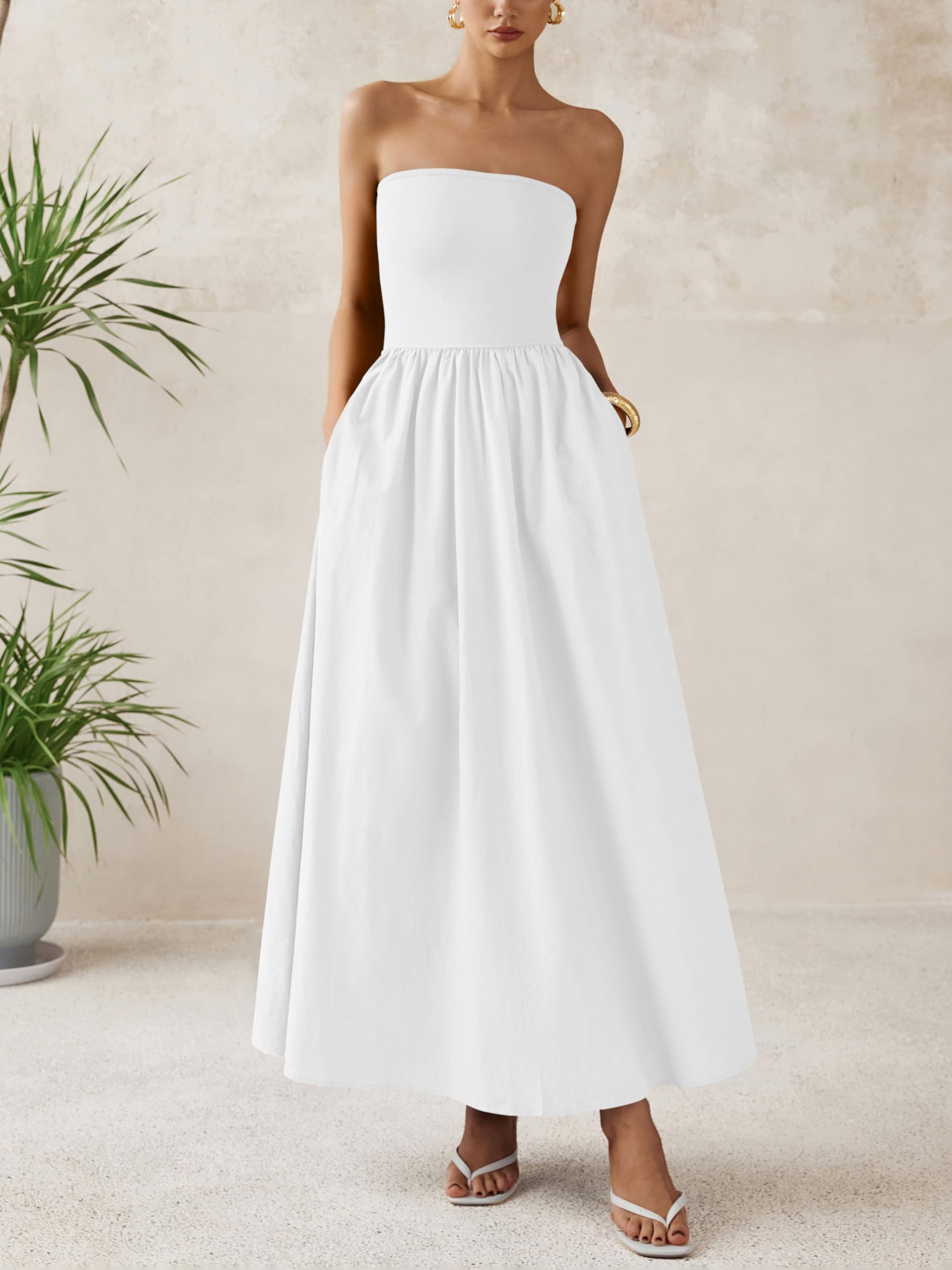 Foto 2 | Vestido Largo Prettygarden Para Mujer 2025, Sin Tirantes, Línea A, Blanco - Venta Internacional.