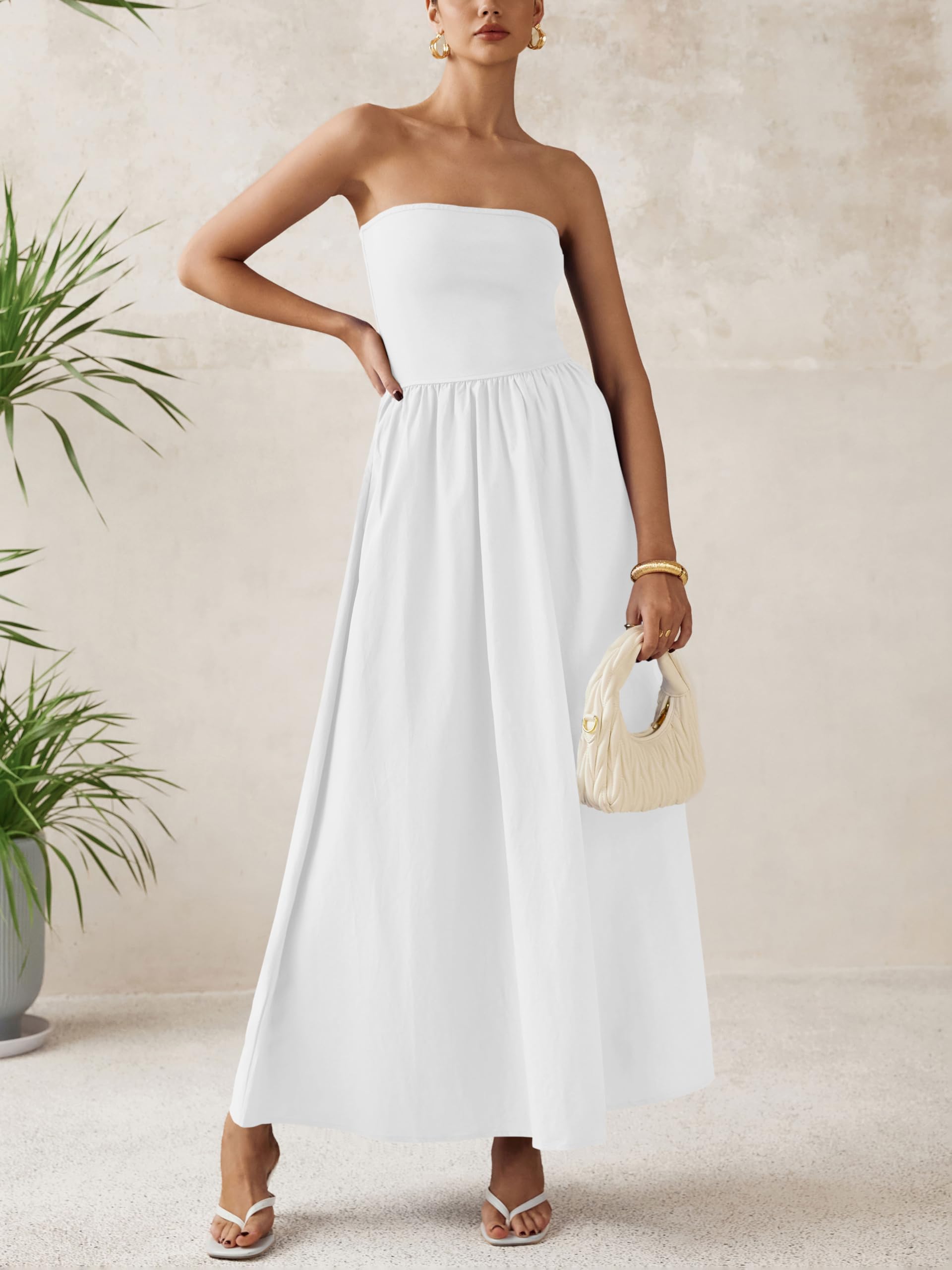 Foto 4 pulgar | Vestido Largo Prettygarden Para Mujer 2025, Sin Tirantes, Línea A, Blanco - Venta Internacional.