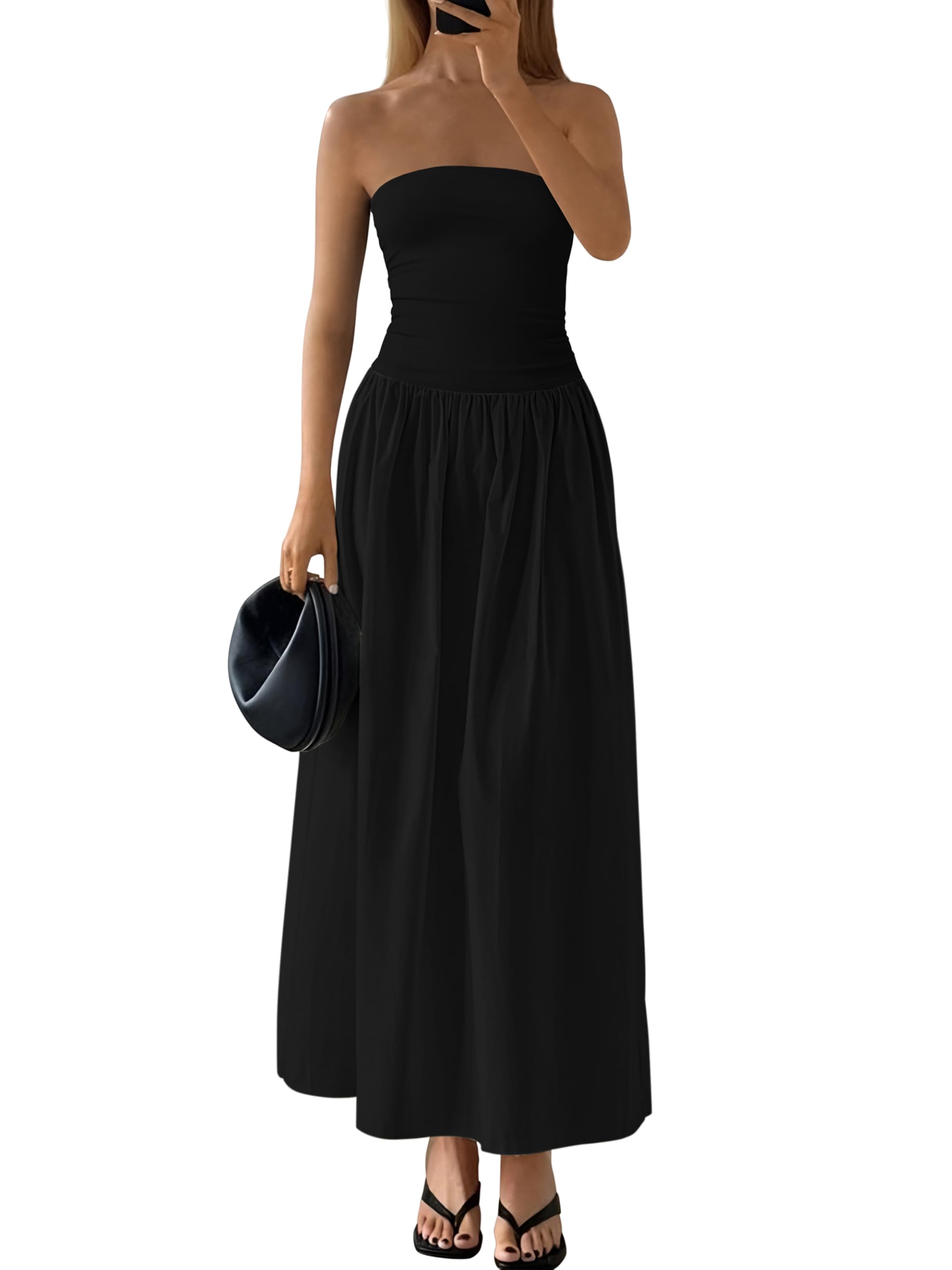 Foto 2 pulgar | Vestido Largo Prettygarden Para Mujer 2025, Verano, Sin Tirantes, Negro - Venta Internacional.