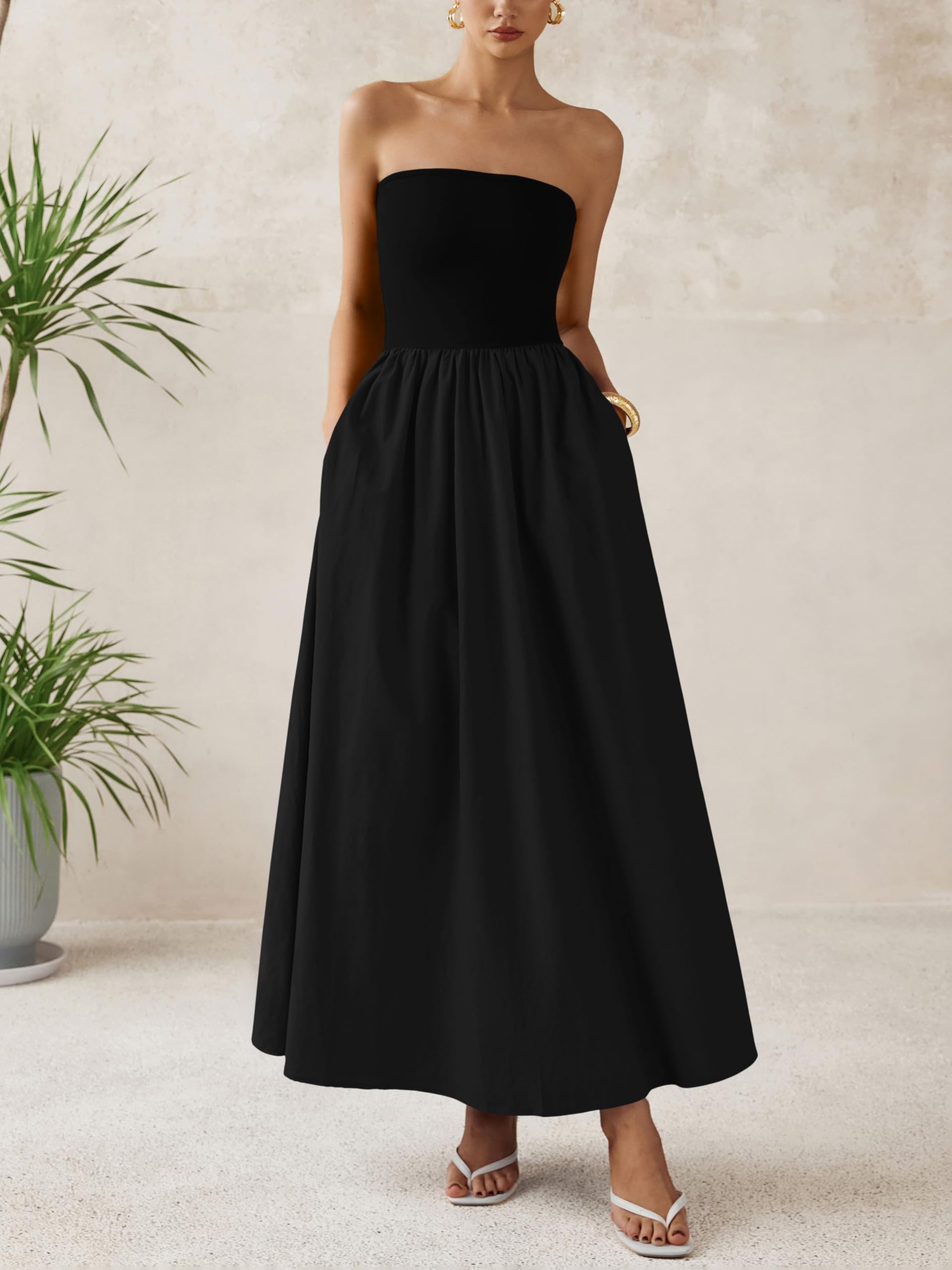Foto 3 pulgar | Vestido Largo Prettygarden Para Mujer 2025, Verano, Sin Tirantes, Negro - Venta Internacional.