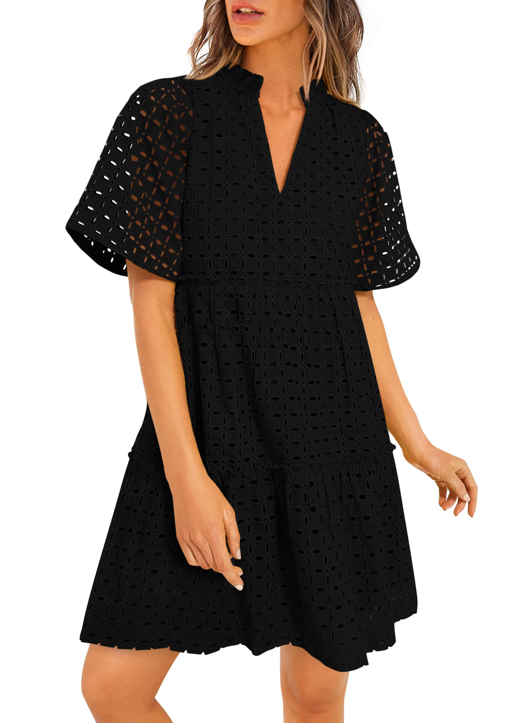 Vestido Prettygarden De Manga Corta Con Cuello En V Para Mujer, Negro - Venta Internacional.