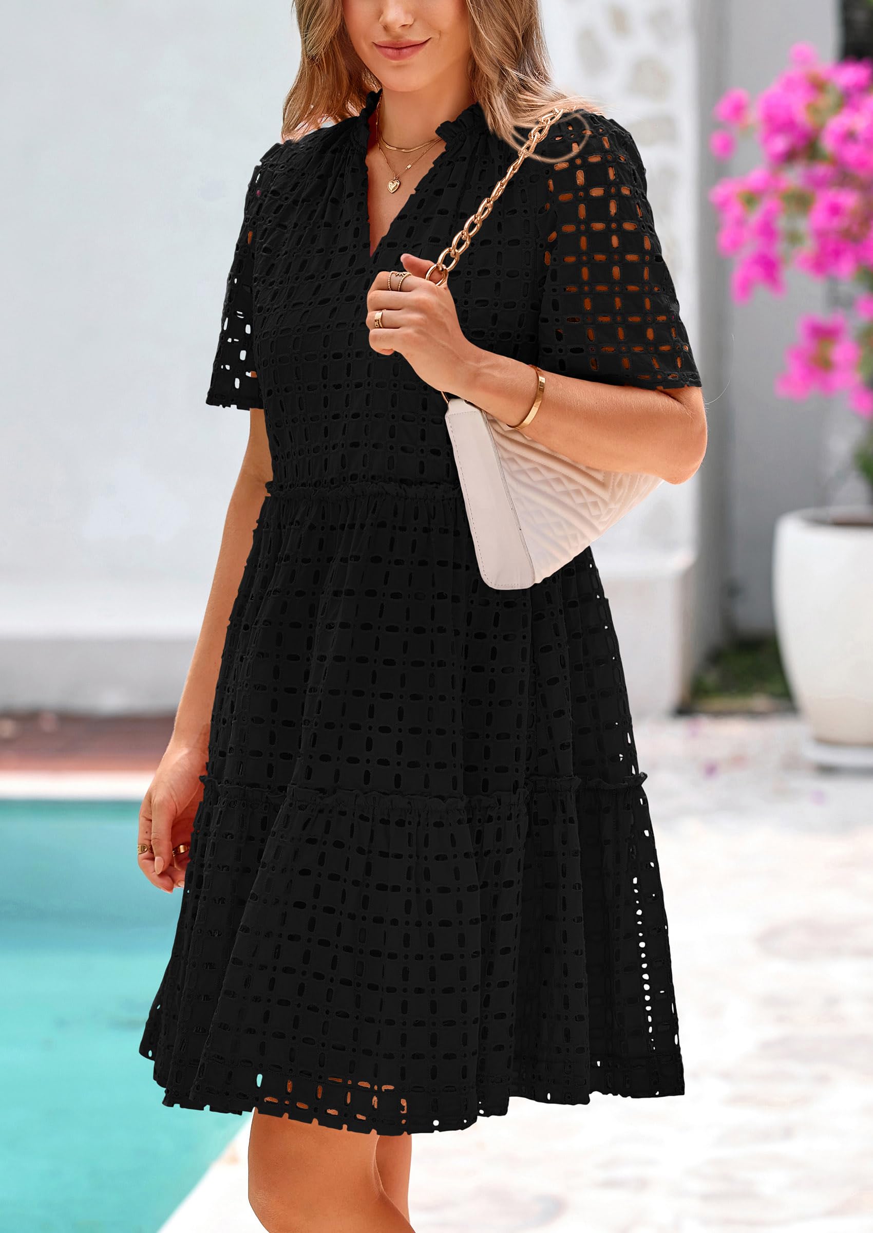 Foto 8 pulgar | Vestido Prettygarden De Manga Corta Con Cuello En V Para Mujer, Negro - Venta Internacional.