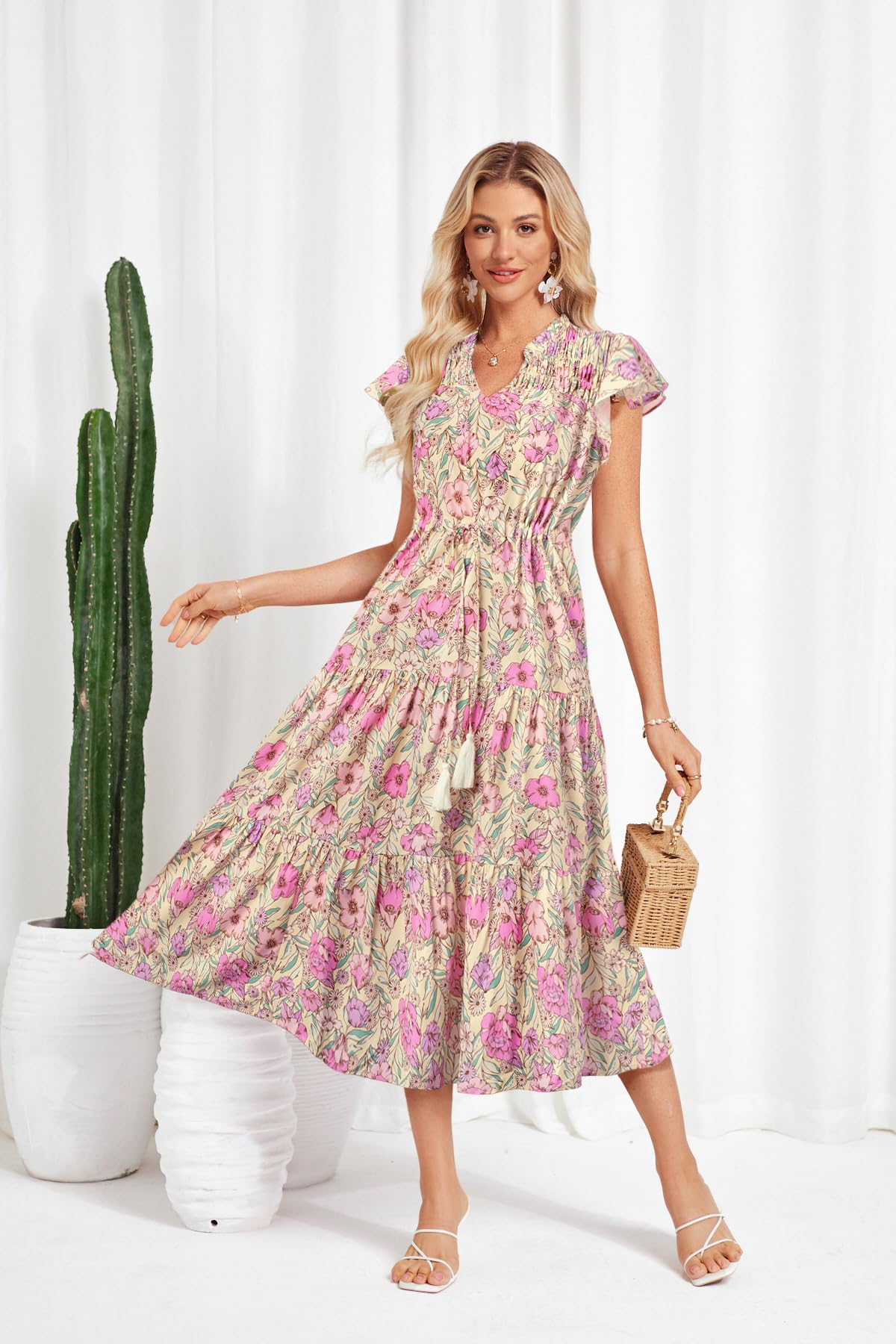Foto 4 pulgar | Vestido De Verano Grace Karin Floral Flowy A Line Maxi Midi Yellow - Venta Internacional.