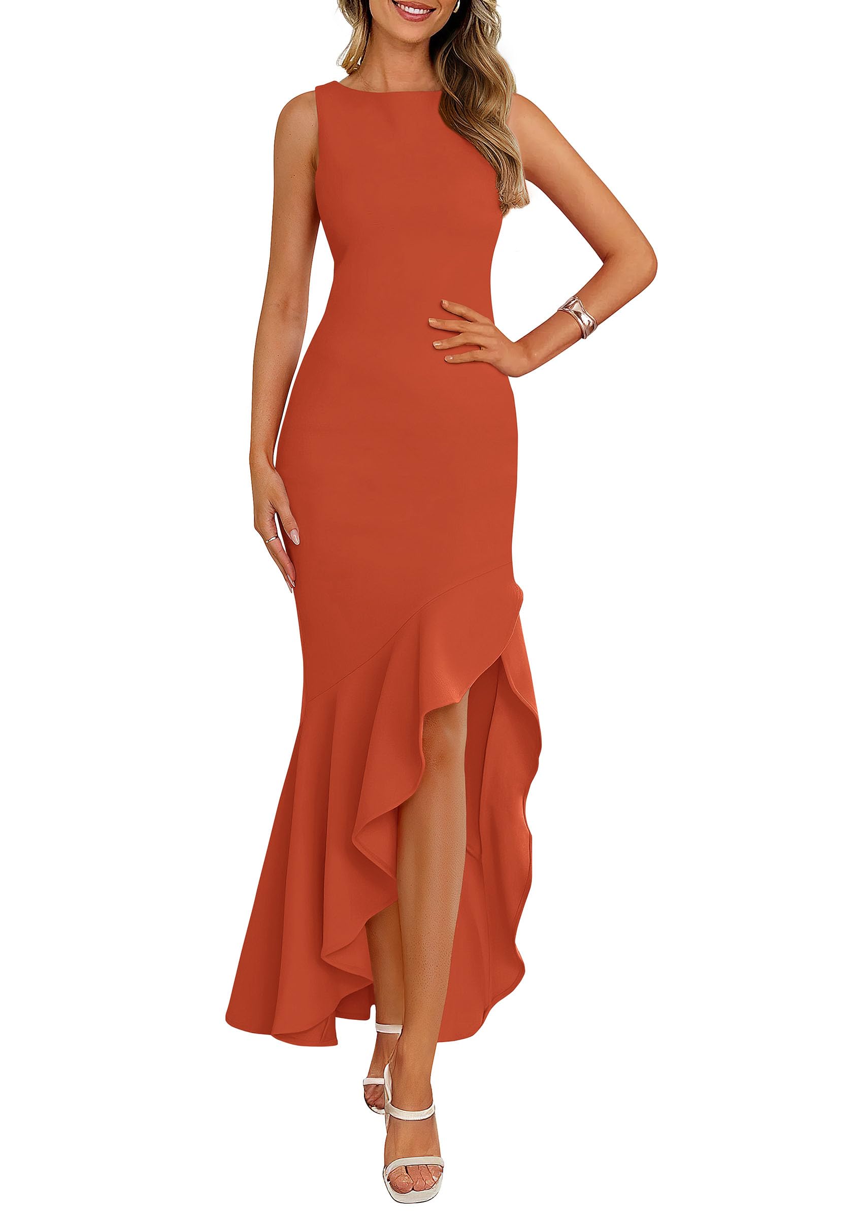 Foto 2 pulgar | Vestido Largo Prettygarden 2025 Sin Mangas Con Volantes, Color Rojo Sirena - Venta Internacional.