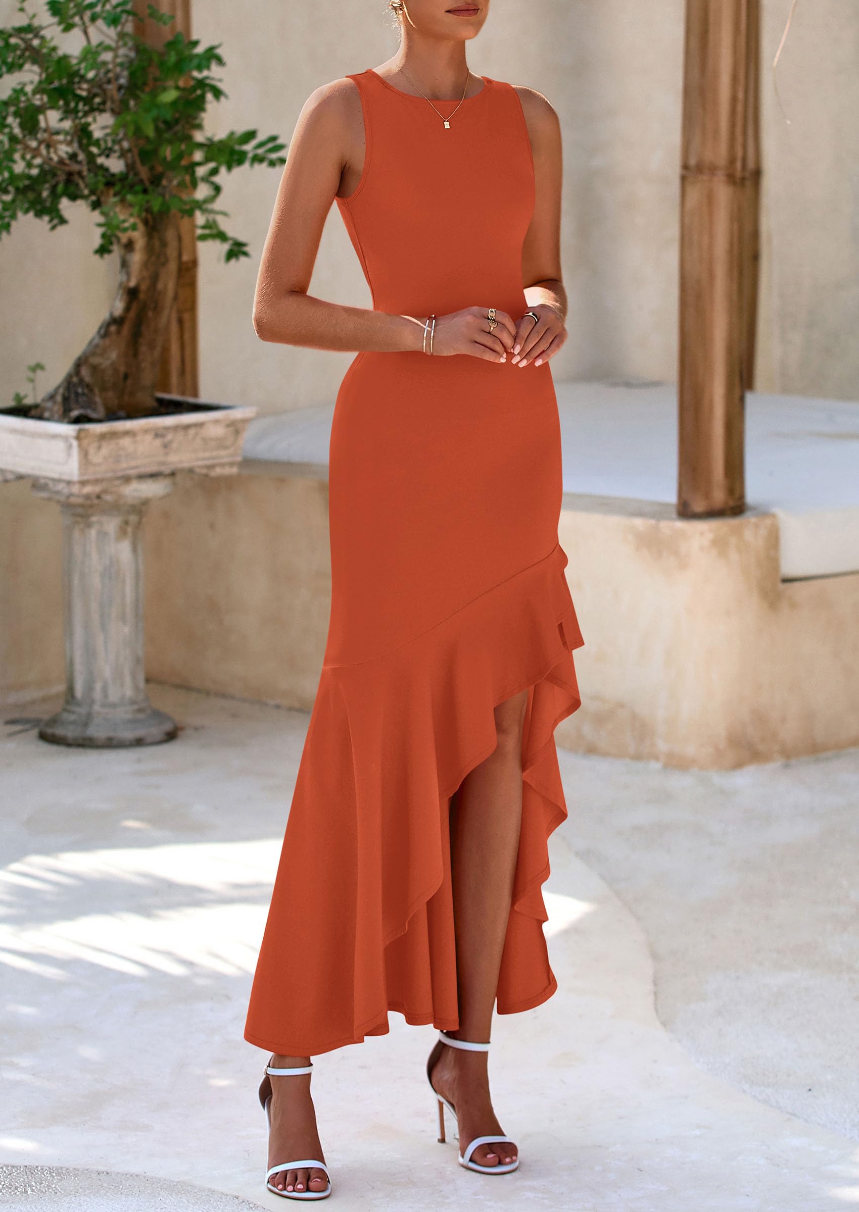 Foto 7 | Vestido Largo Prettygarden 2025 Sin Mangas Con Volantes, Color Rojo Sirena - Venta Internacional.