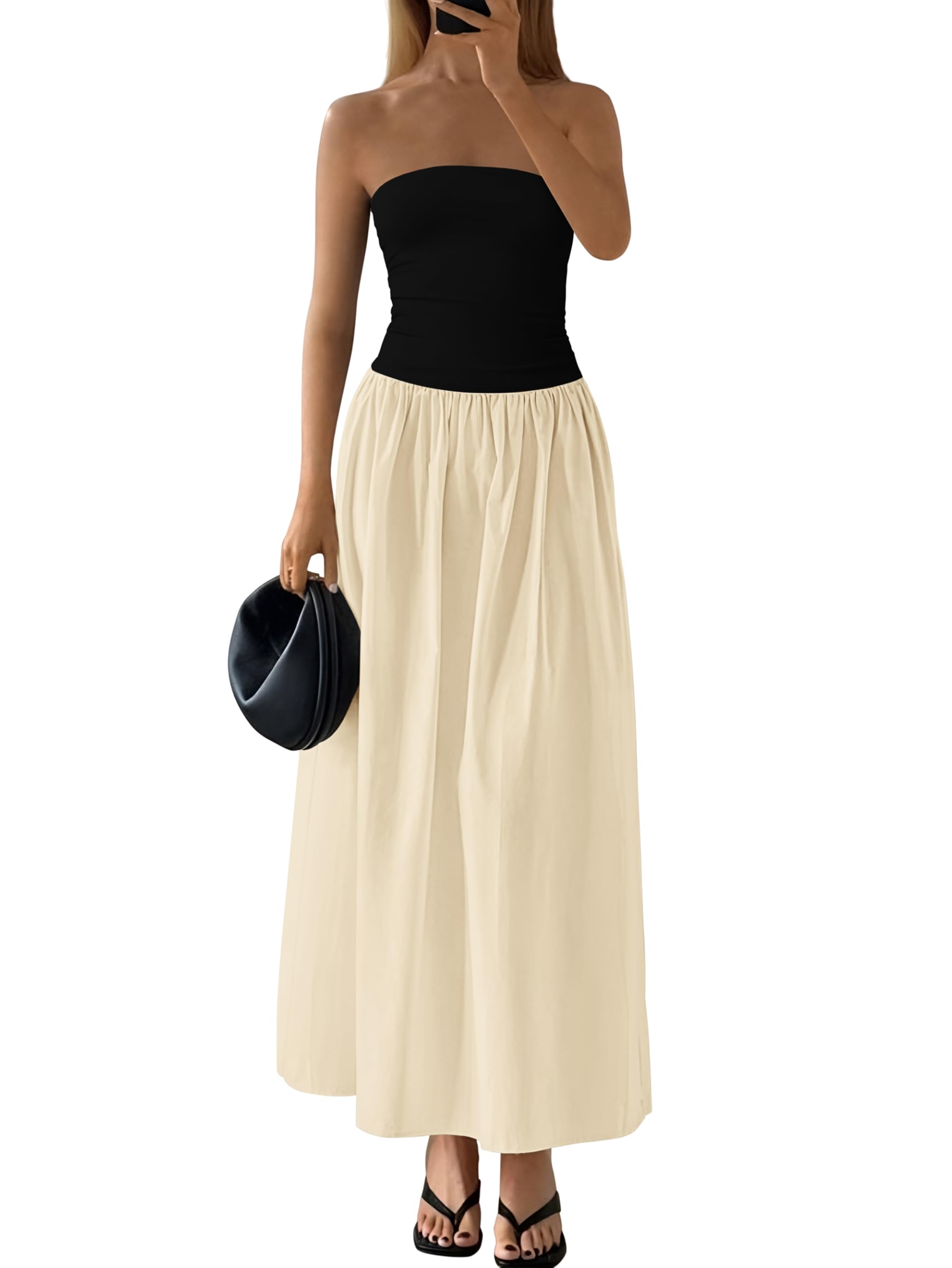 Foto 2 pulgar | Vestido Largo Prettygarden Para Mujer, Sin Tirantes, En Forma De A, Negro Fluido - Venta Internacional.