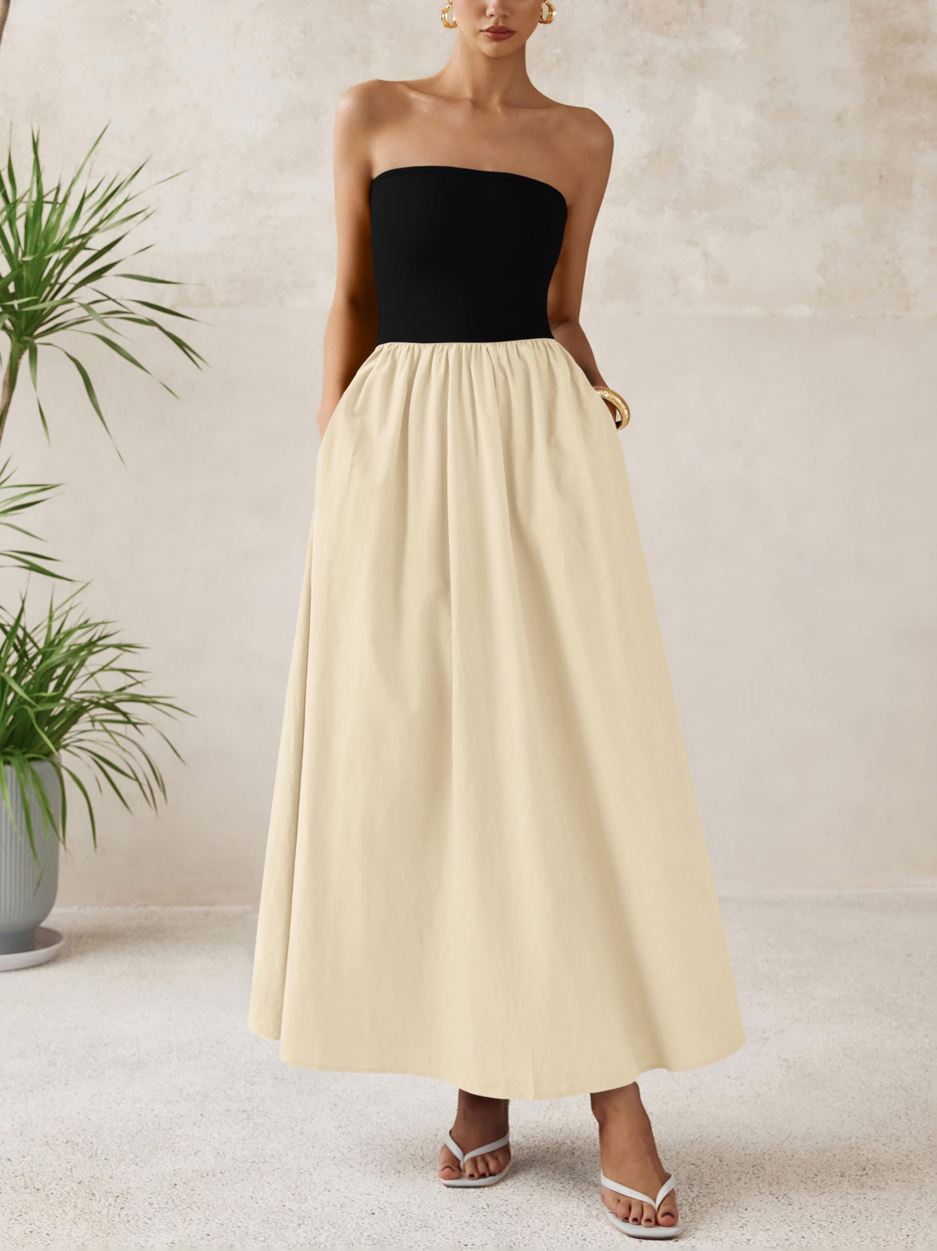 Foto 2 | Vestido Largo Prettygarden Para Mujer, Sin Tirantes, En Forma De A, Negro Fluido - Venta Internacional.