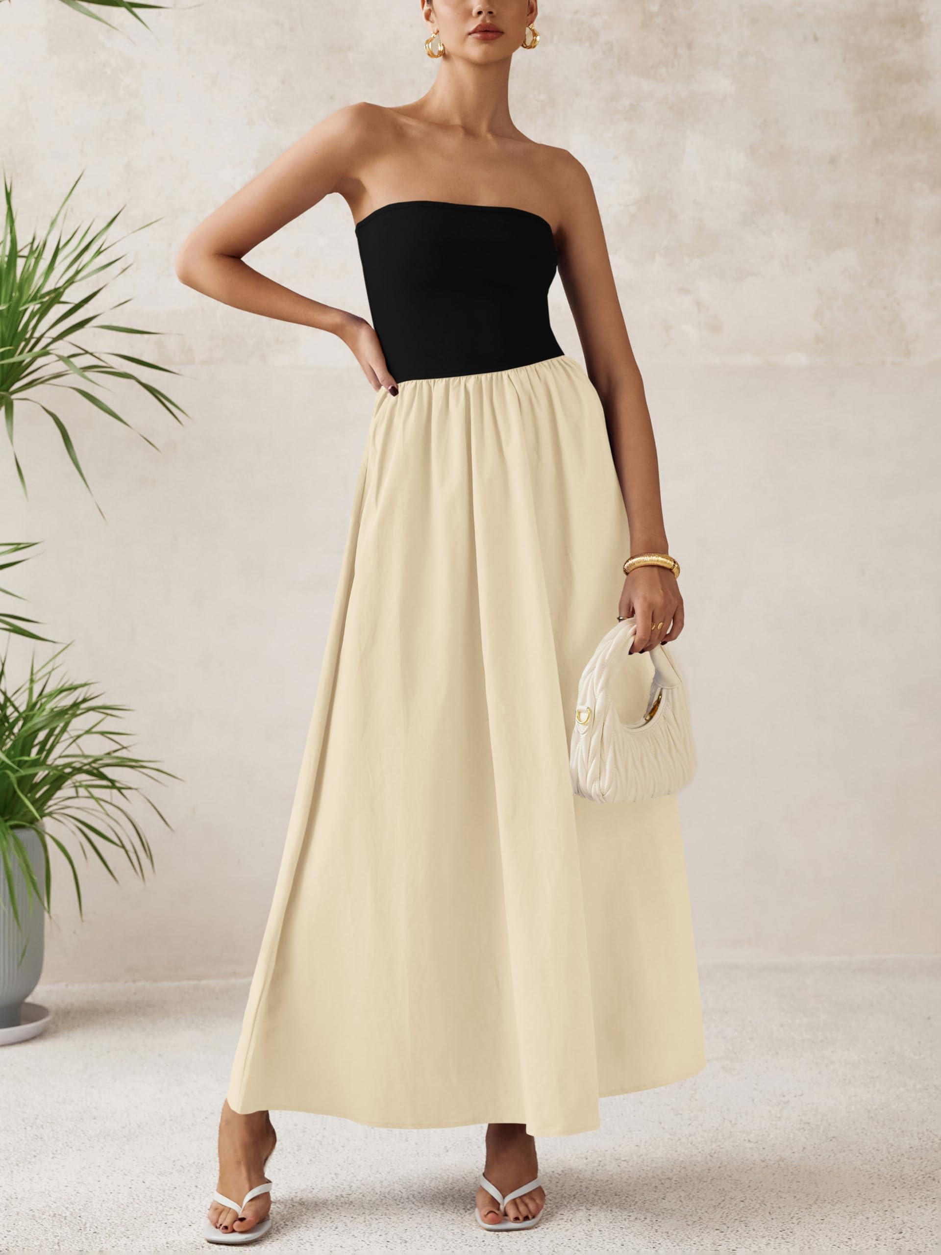 Foto 4 pulgar | Vestido Largo Prettygarden Para Mujer, Sin Tirantes, En Forma De A, Negro Fluido - Venta Internacional.