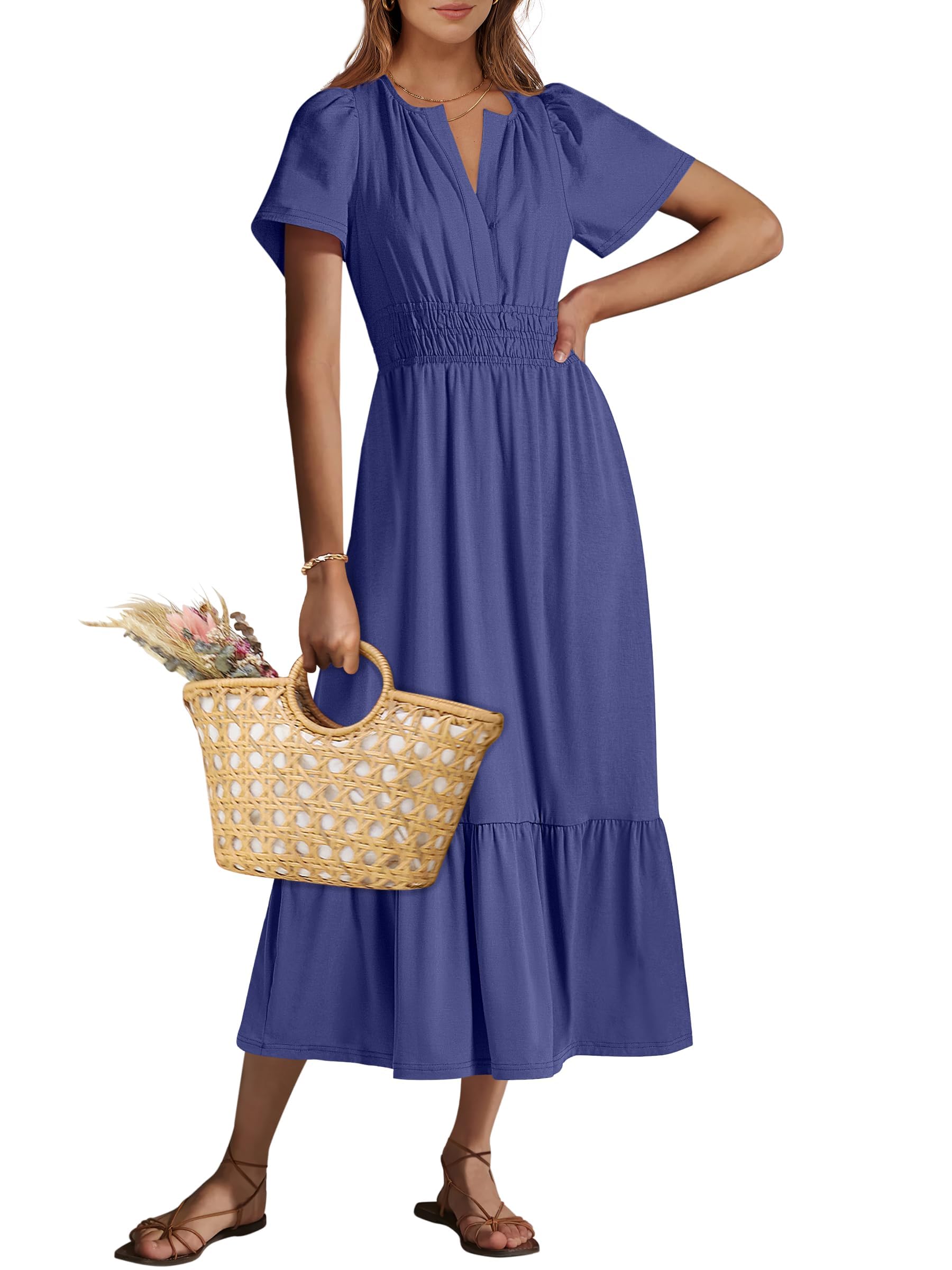 Vestido Largo Anrabess, Verano, Manga Corta, Cuello En V, Azul Marino - Venta Internacional.