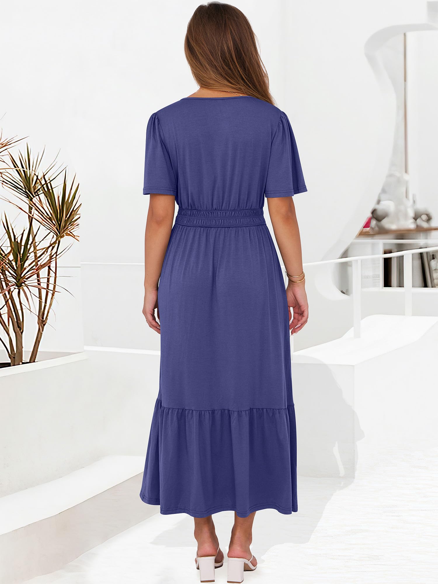 Foto 6 pulgar | Vestido Largo Anrabess, Verano, Manga Corta, Cuello En V, Azul Marino - Venta Internacional.