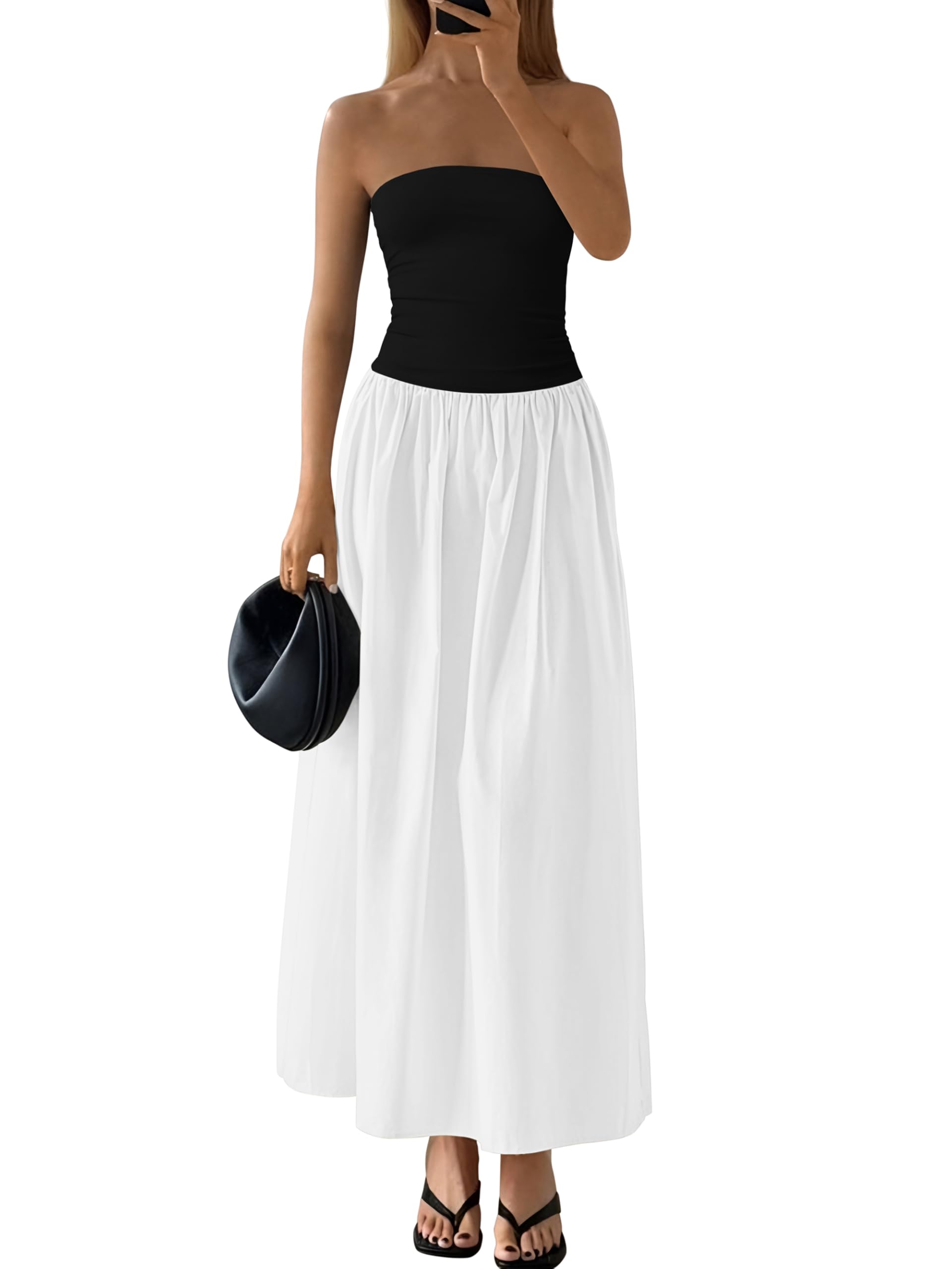 Vestido Largo Prettygarden Para Mujer, Sin Tirantes, Línea A, Fluido, Negro Y Blanco - Venta Internacional.