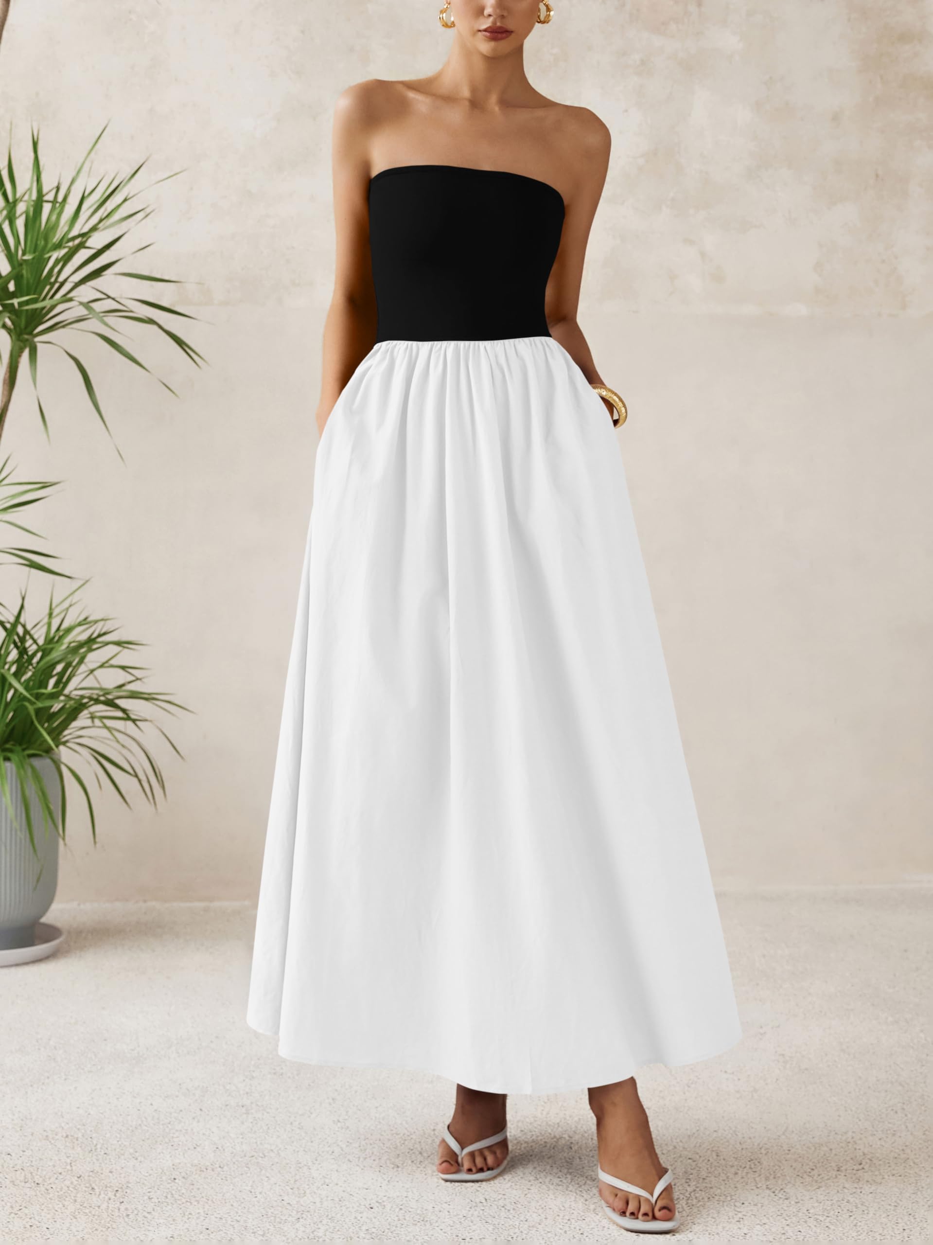 Foto 2 | Vestido Largo Prettygarden Para Mujer, Sin Tirantes, Línea A, Fluido, Negro Y Blanco - Venta Internacional.