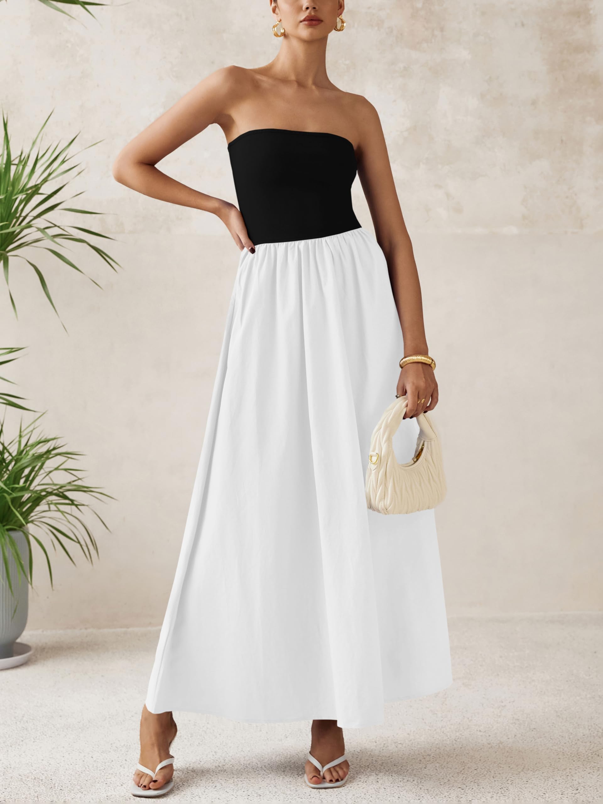 Foto 4 pulgar | Vestido Largo Prettygarden Para Mujer, Sin Tirantes, Línea A, Fluido, Negro Y Blanco - Venta Internacional.