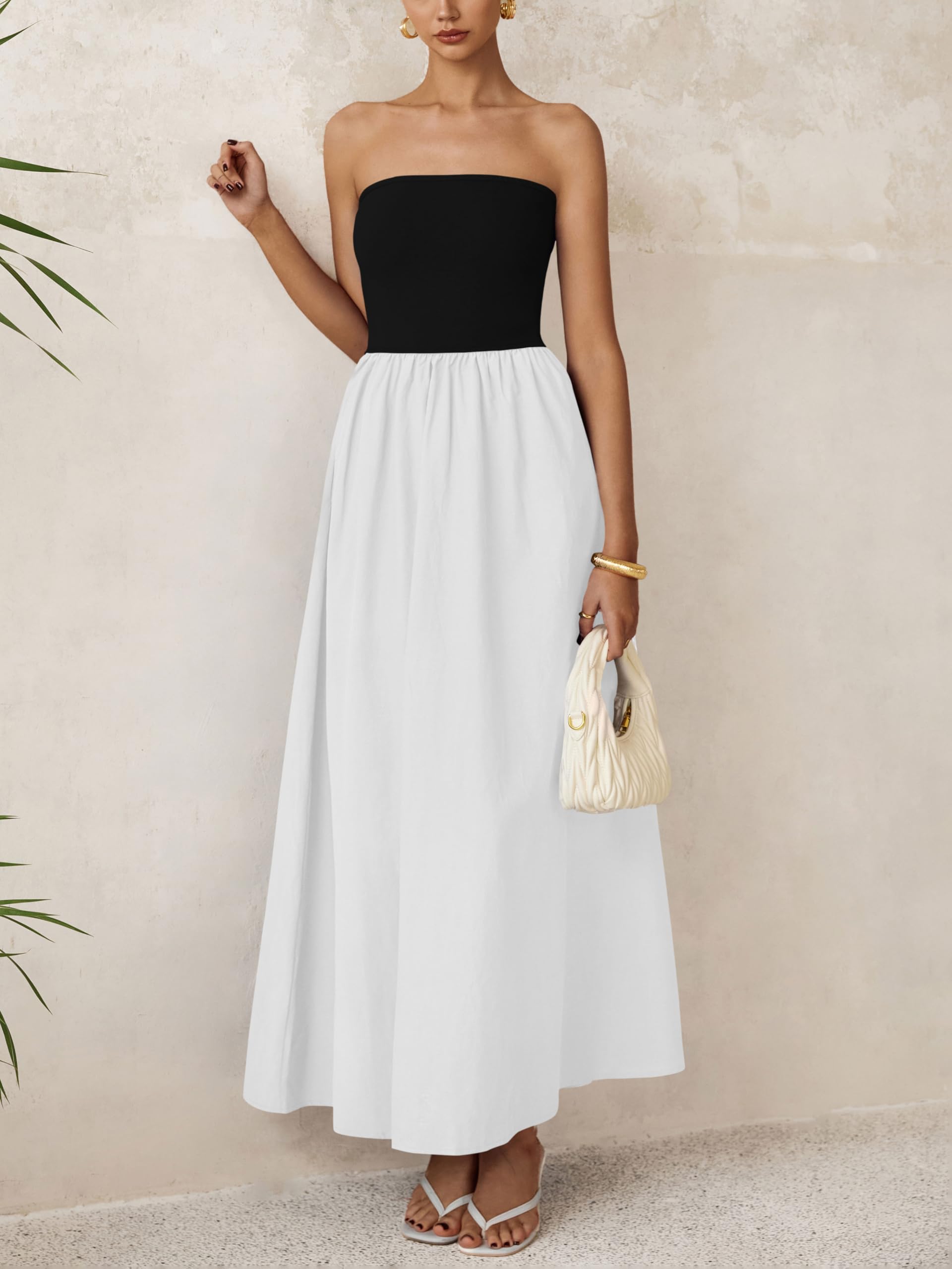 Foto 4 | Vestido Largo Prettygarden Para Mujer, Sin Tirantes, Línea A, Fluido, Negro Y Blanco - Venta Internacional.