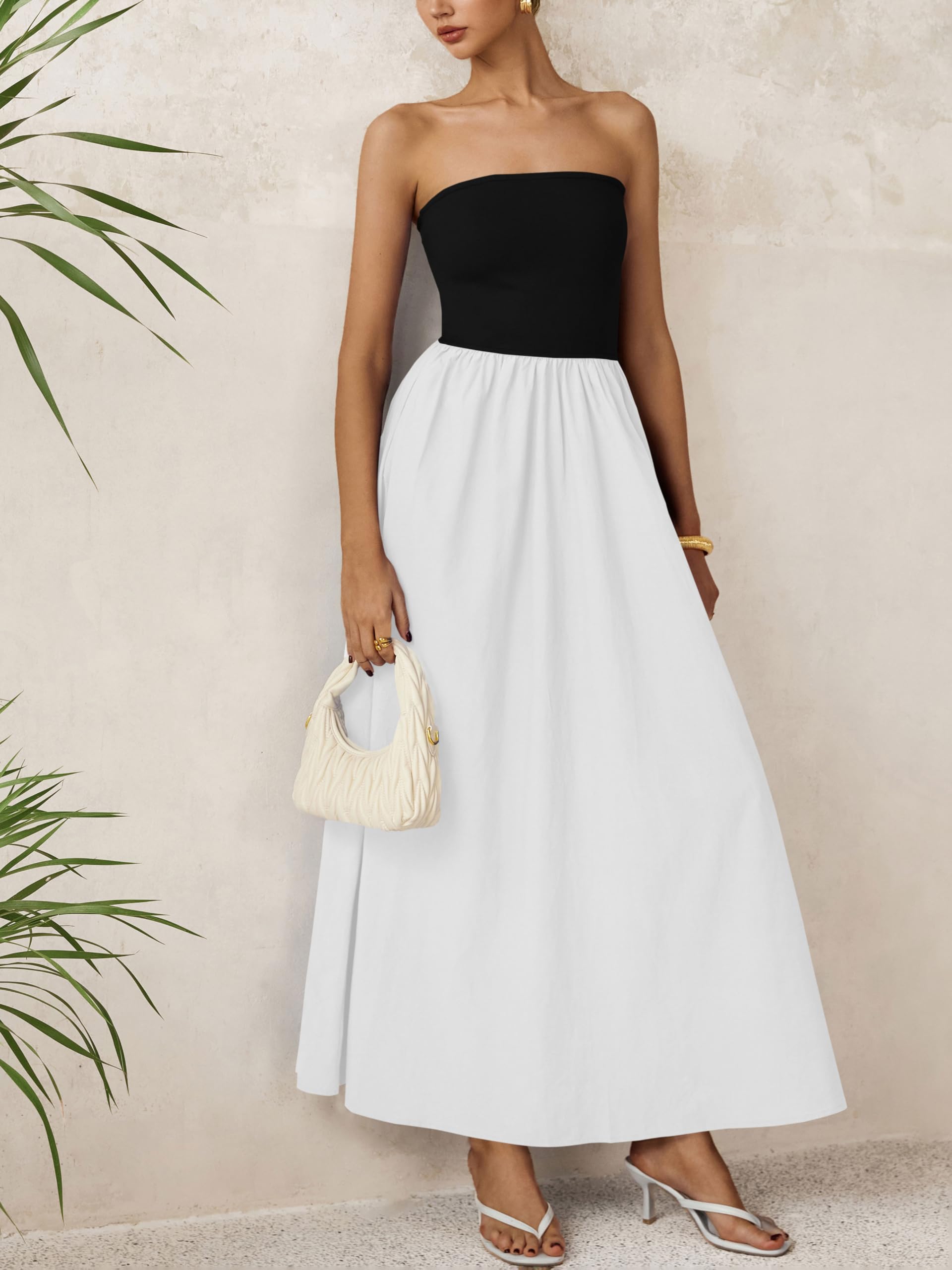 Foto 5 | Vestido Largo Prettygarden Para Mujer, Sin Tirantes, Línea A, Fluido, Negro Y Blanco - Venta Internacional.
