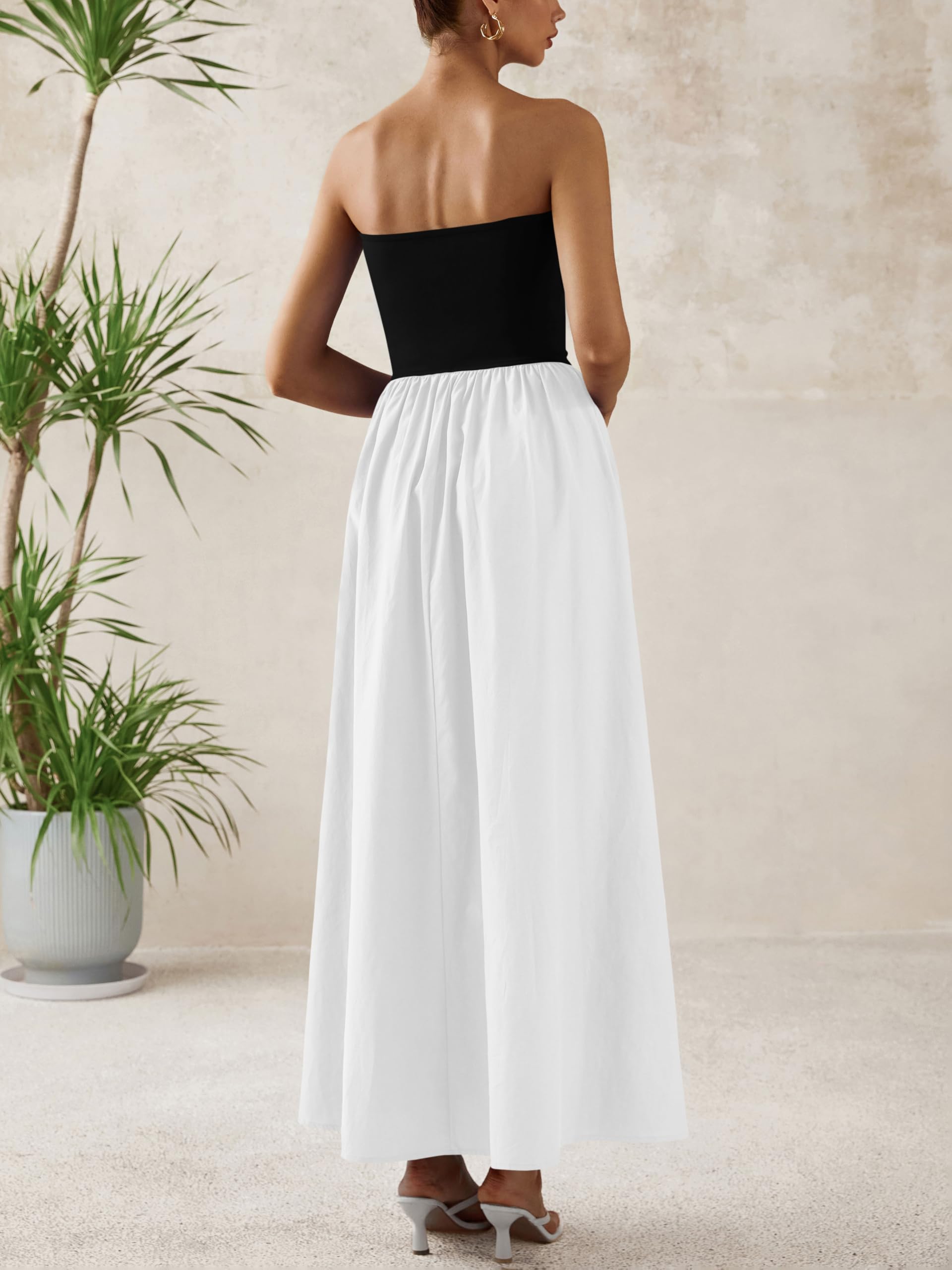 Foto 7 pulgar | Vestido Largo Prettygarden Para Mujer, Sin Tirantes, Línea A, Fluido, Negro Y Blanco - Venta Internacional.