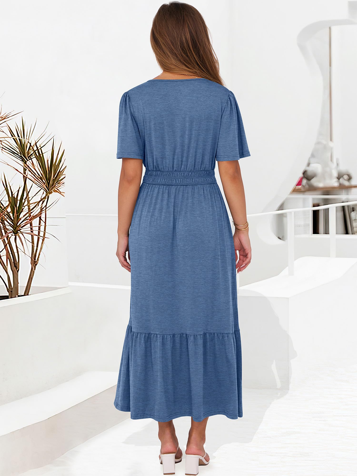 Foto 6 pulgar | Vestido Largo Anrabess De Verano Con Manga Corta Y Cuello En V Para Mujer - Venta Internacional.