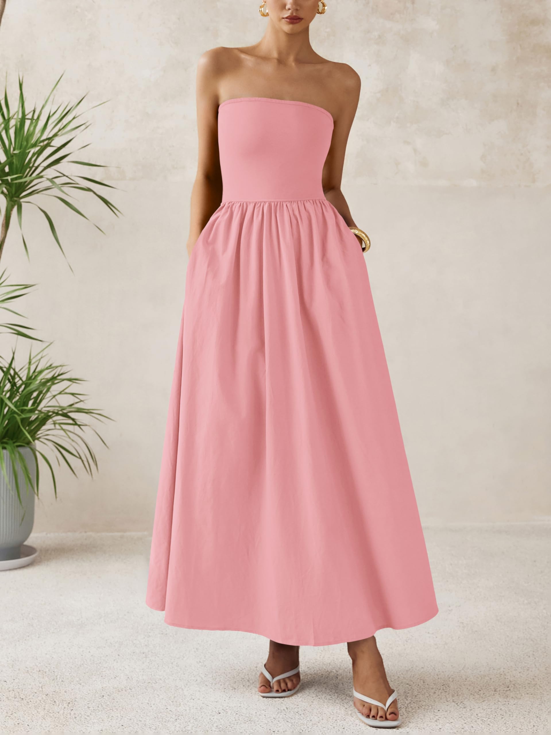 Foto 3 pulgar | Vestido Largo Prettygarden Para Mujer, Verano, Sin Tirantes, Línea A, Rosa - Venta Internacional.