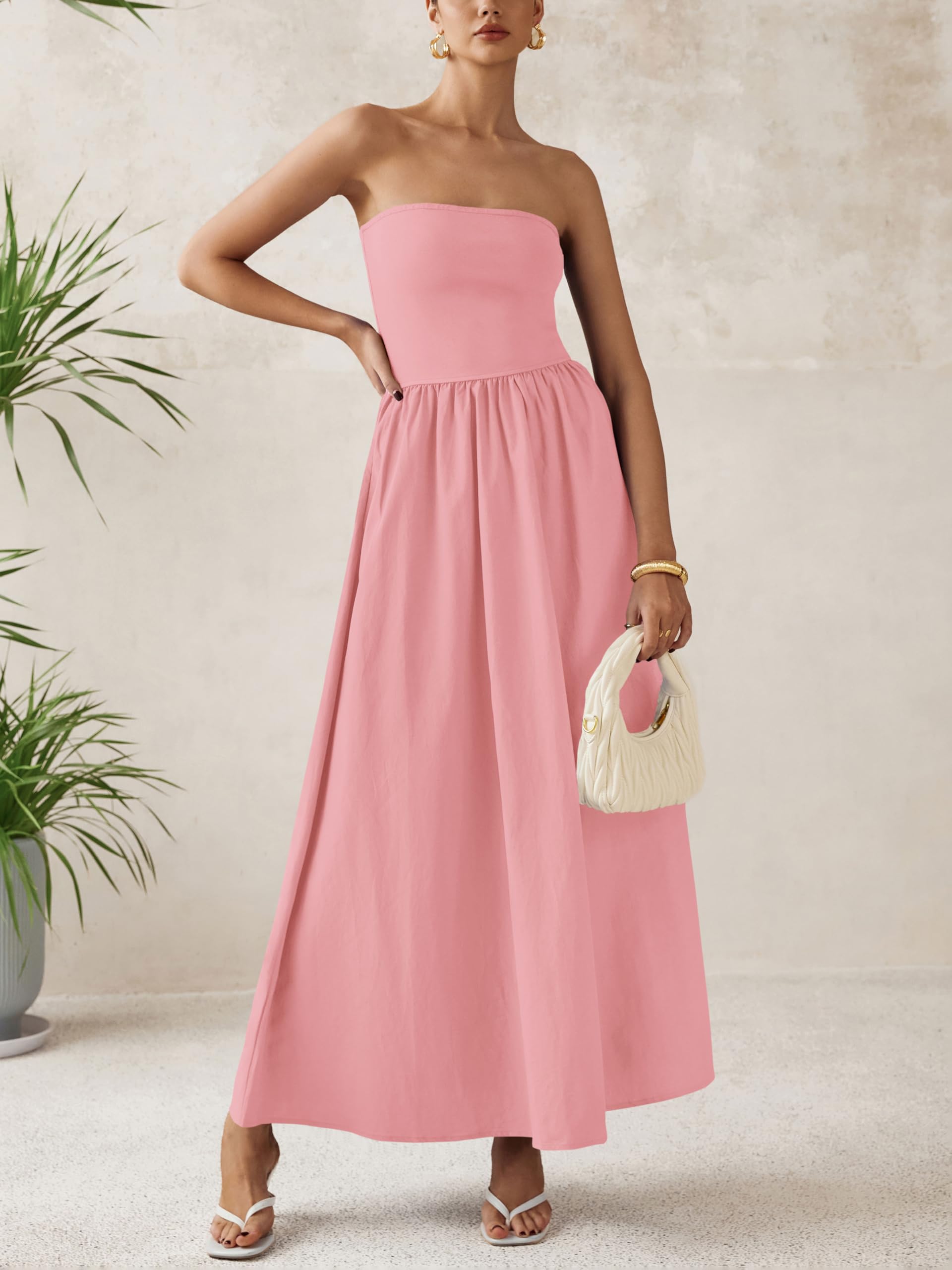 Foto 4 pulgar | Vestido Largo Prettygarden Para Mujer, Verano, Sin Tirantes, Línea A, Rosa - Venta Internacional.