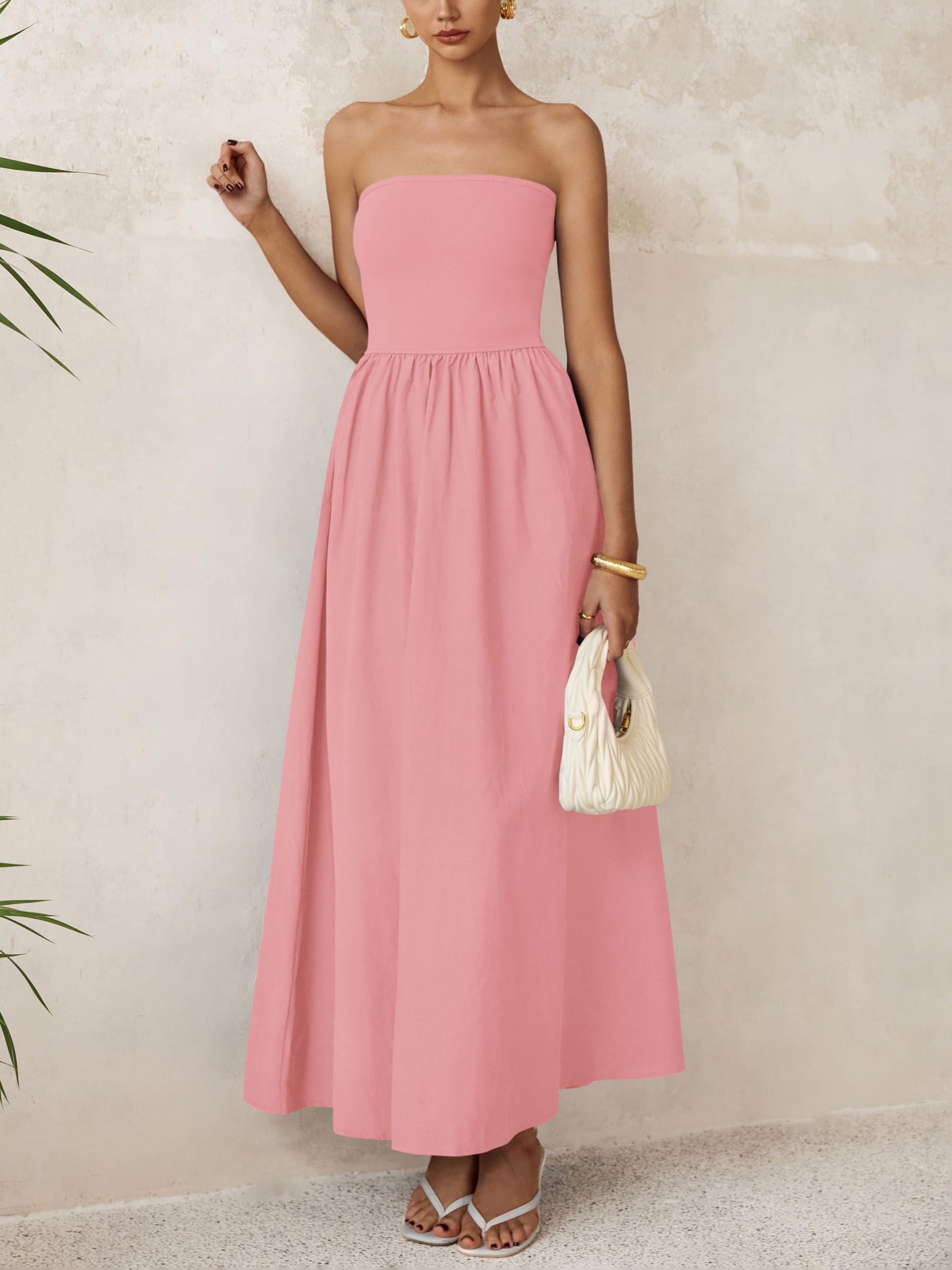 Foto 5 pulgar | Vestido Largo Prettygarden Para Mujer, Verano, Sin Tirantes, Línea A, Rosa - Venta Internacional.