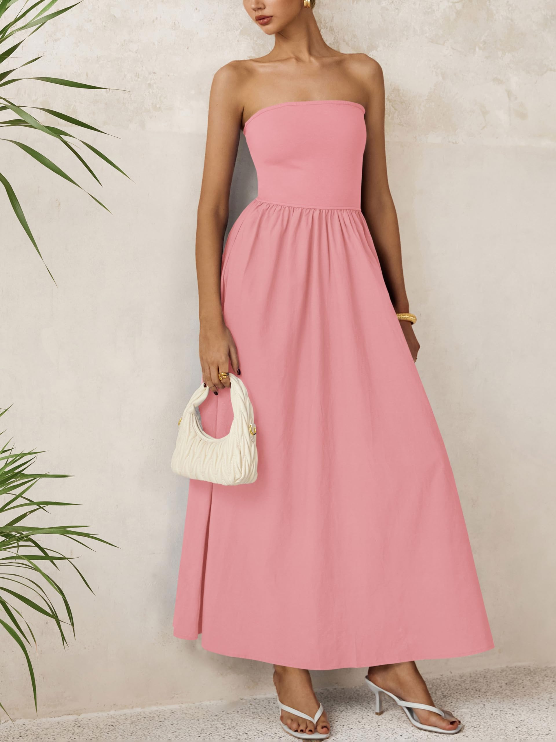 Foto 6 pulgar | Vestido Largo Prettygarden Para Mujer, Verano, Sin Tirantes, Línea A, Rosa - Venta Internacional.