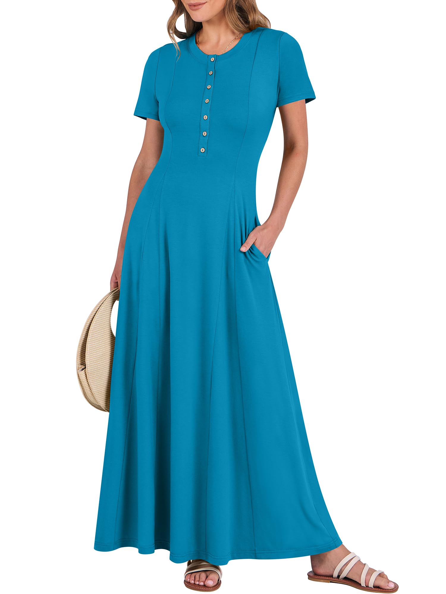Vestido Largo Anrabess, Casual De Verano, Manga Corta, Azul Para Mujer - Venta Internacional.
