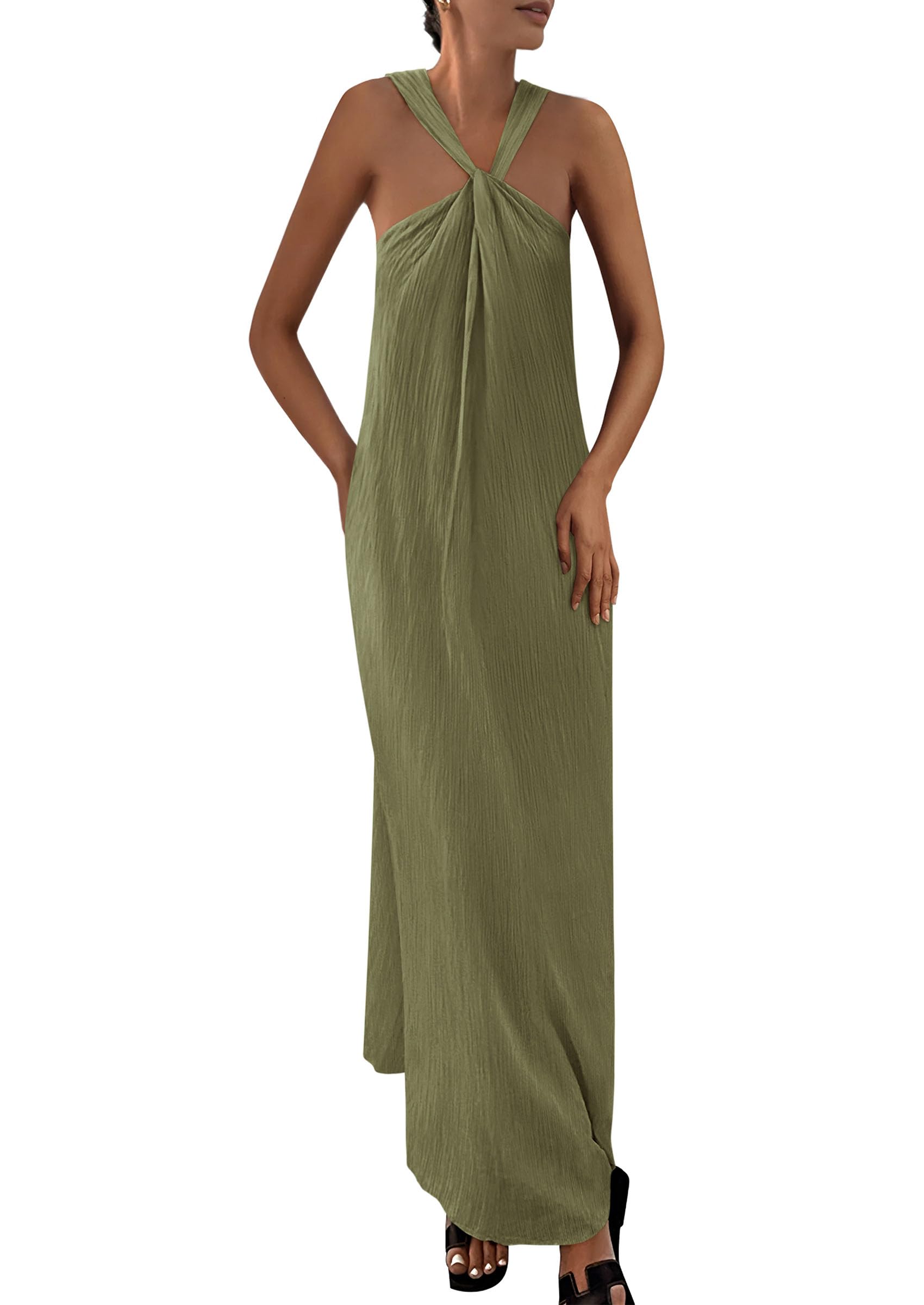 Foto 2 pulgar | Vestido De Verano Prettygarden 2025 Casual Largo Sin Mangas Verde Militar - Venta Internacional.