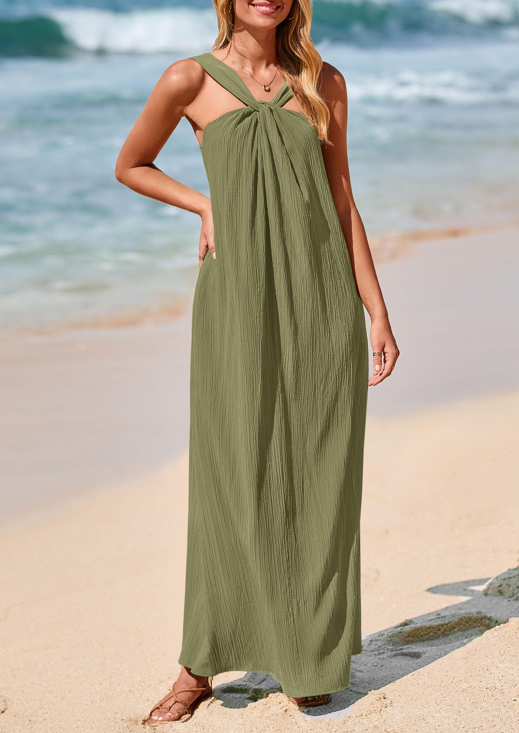 Foto 4 pulgar | Vestido De Verano Prettygarden 2025 Casual Largo Sin Mangas Verde Militar - Venta Internacional.