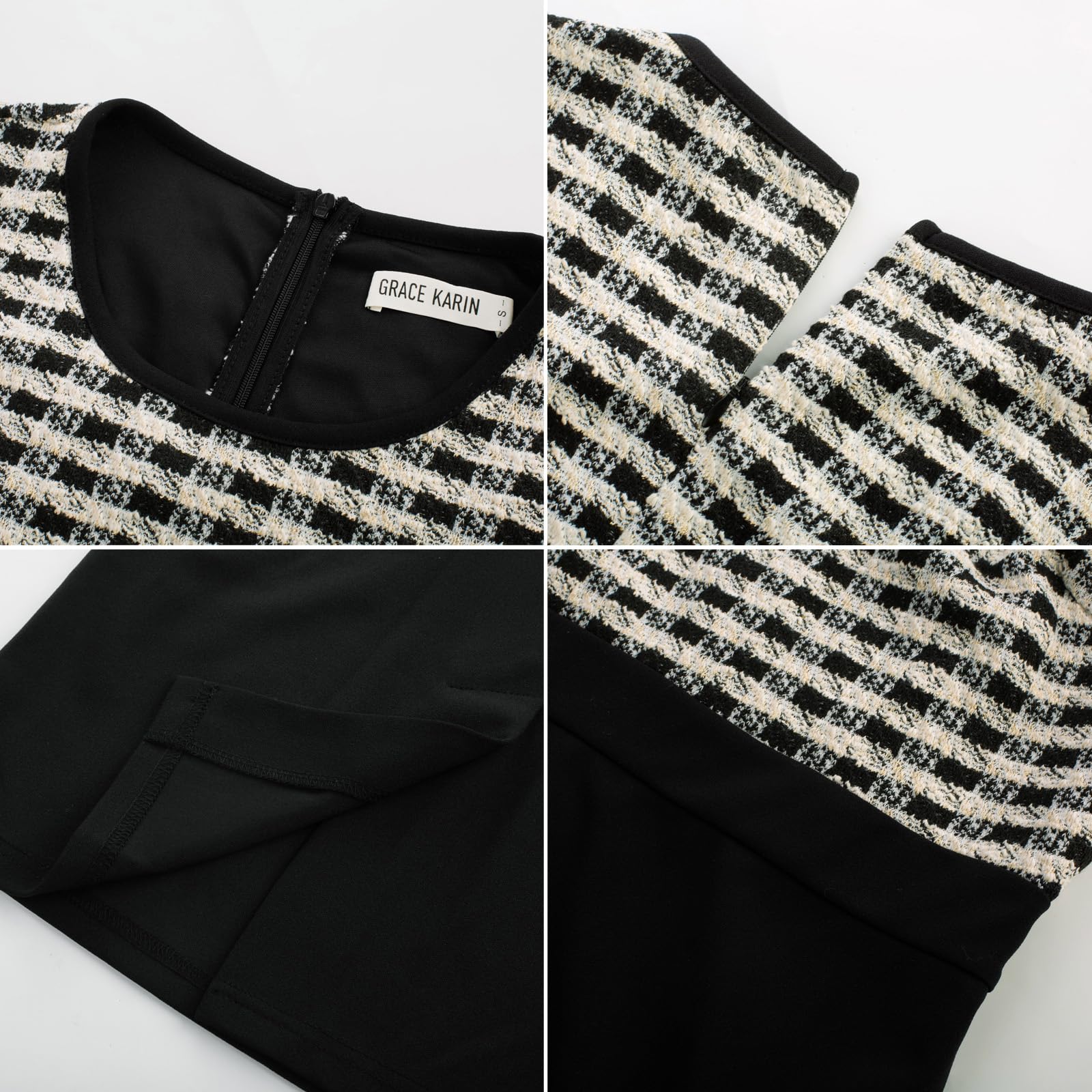 Foto 5 | Vestido De Trabajo Grace Karin Ajustado De Manga Corta A Cuadros Negros - Venta Internacional.