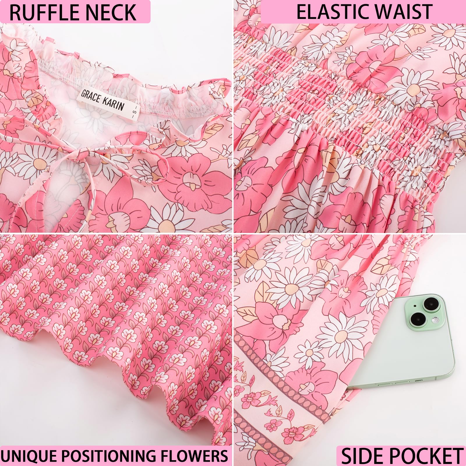 Foto 5 pulgar | Vestido Floral De Verano Grace Karin Con Flores Rosas Talla M Para Mujer - Venta Internacional.