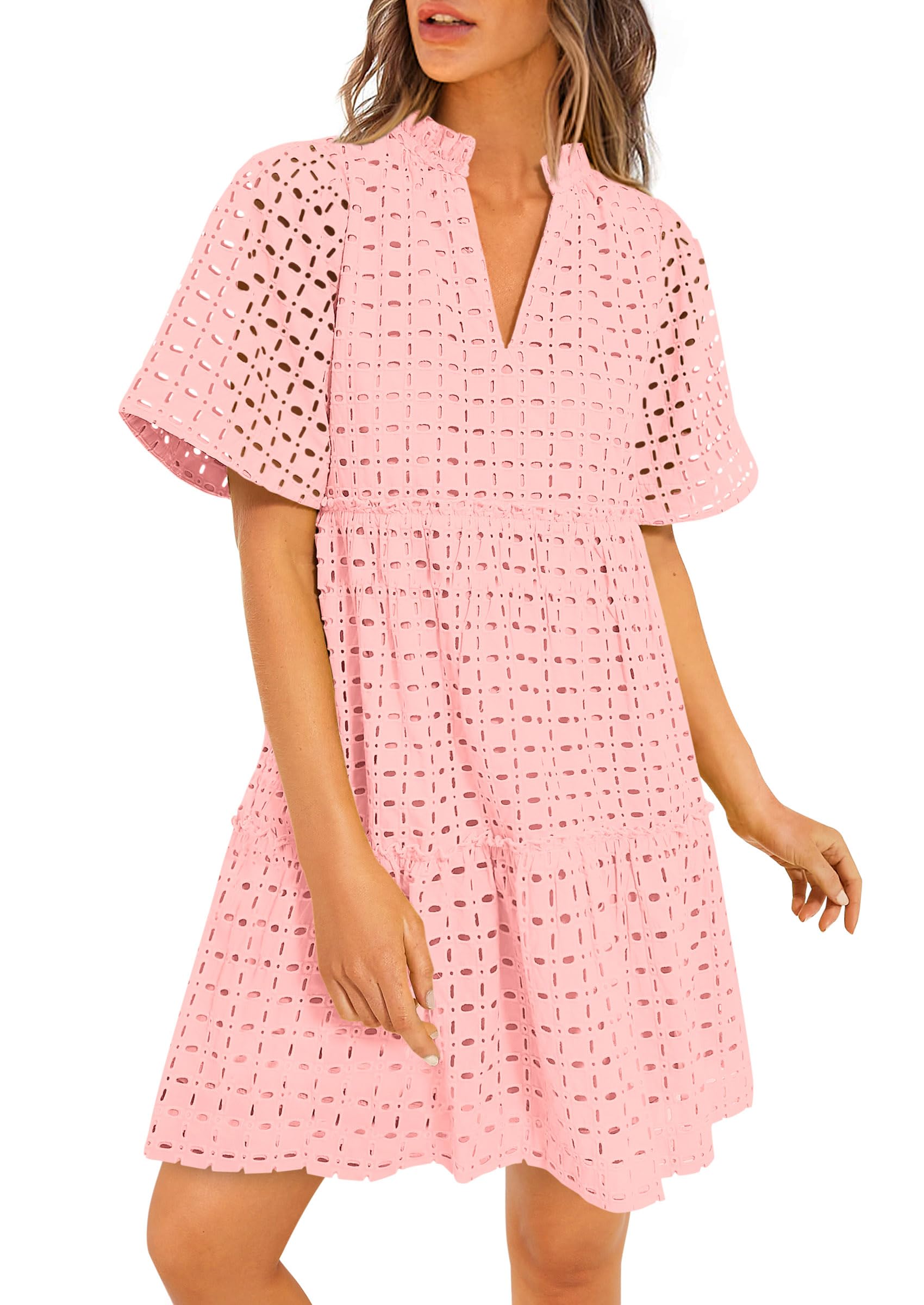 Vestido Prettygarden Para Mujer, Manga Corta, Cuello En V, Ojales, Rosa - Venta Internacional.