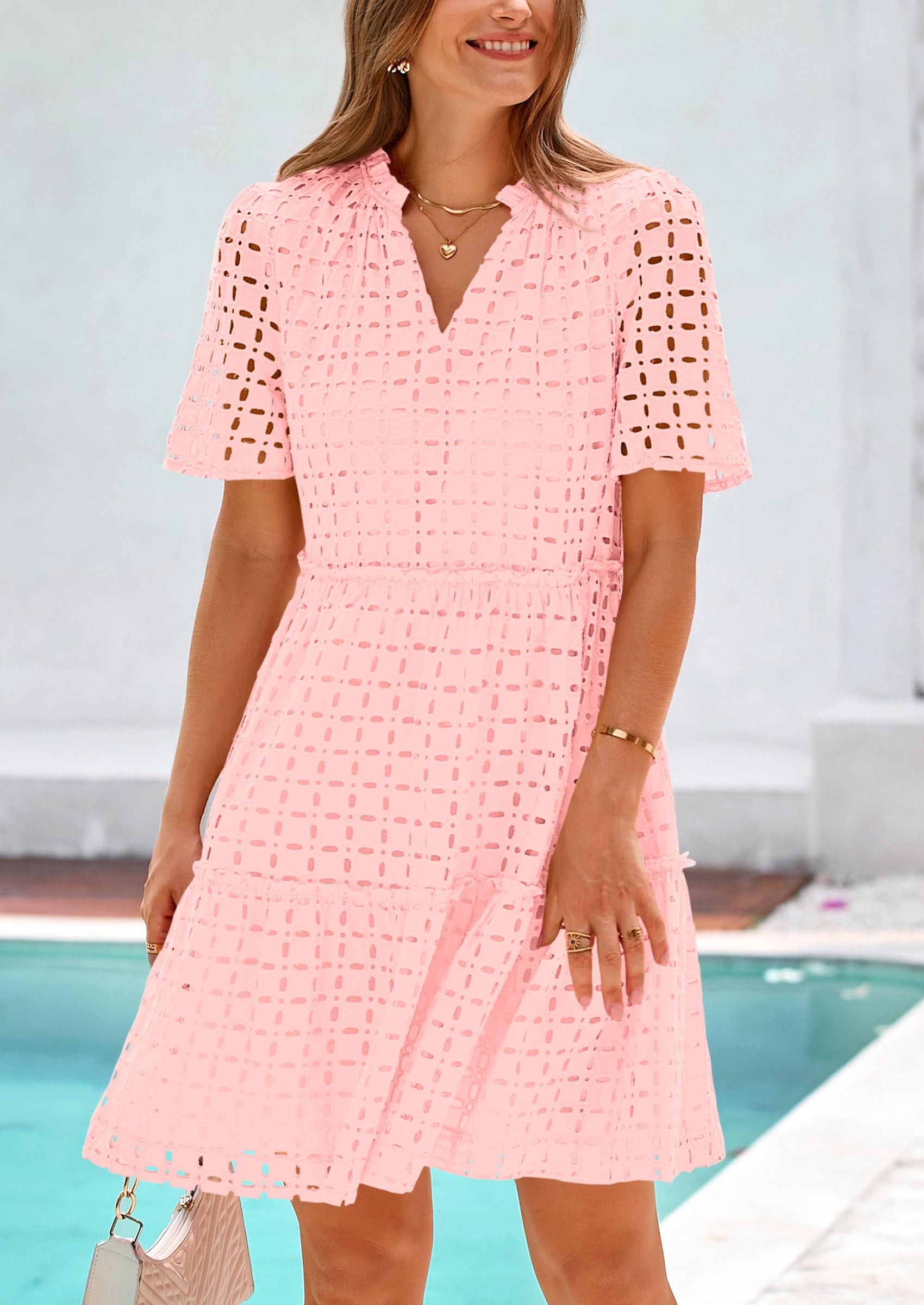 Foto 6 pulgar | Vestido Prettygarden Para Mujer, Manga Corta, Cuello En V, Ojales, Rosa - Venta Internacional.