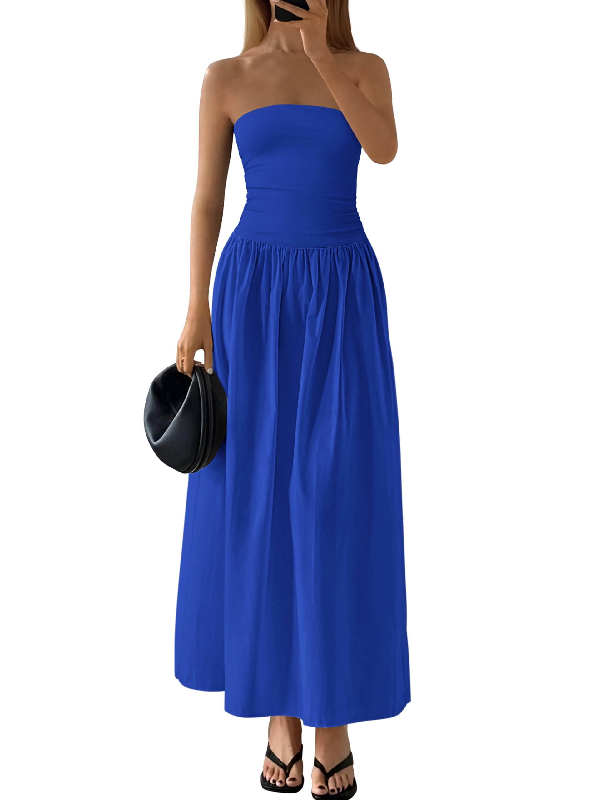Vestido Largo Prettygarden Para Mujer 2025, Sin Tirantes, Línea A, Azul - Venta Internacional.