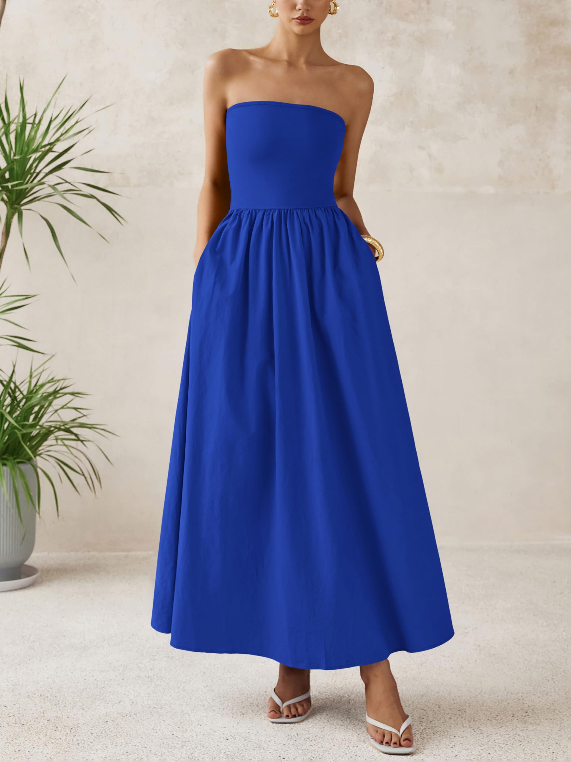 Foto 2 | Vestido Largo Prettygarden Para Mujer 2025, Sin Tirantes, Línea A, Azul - Venta Internacional.