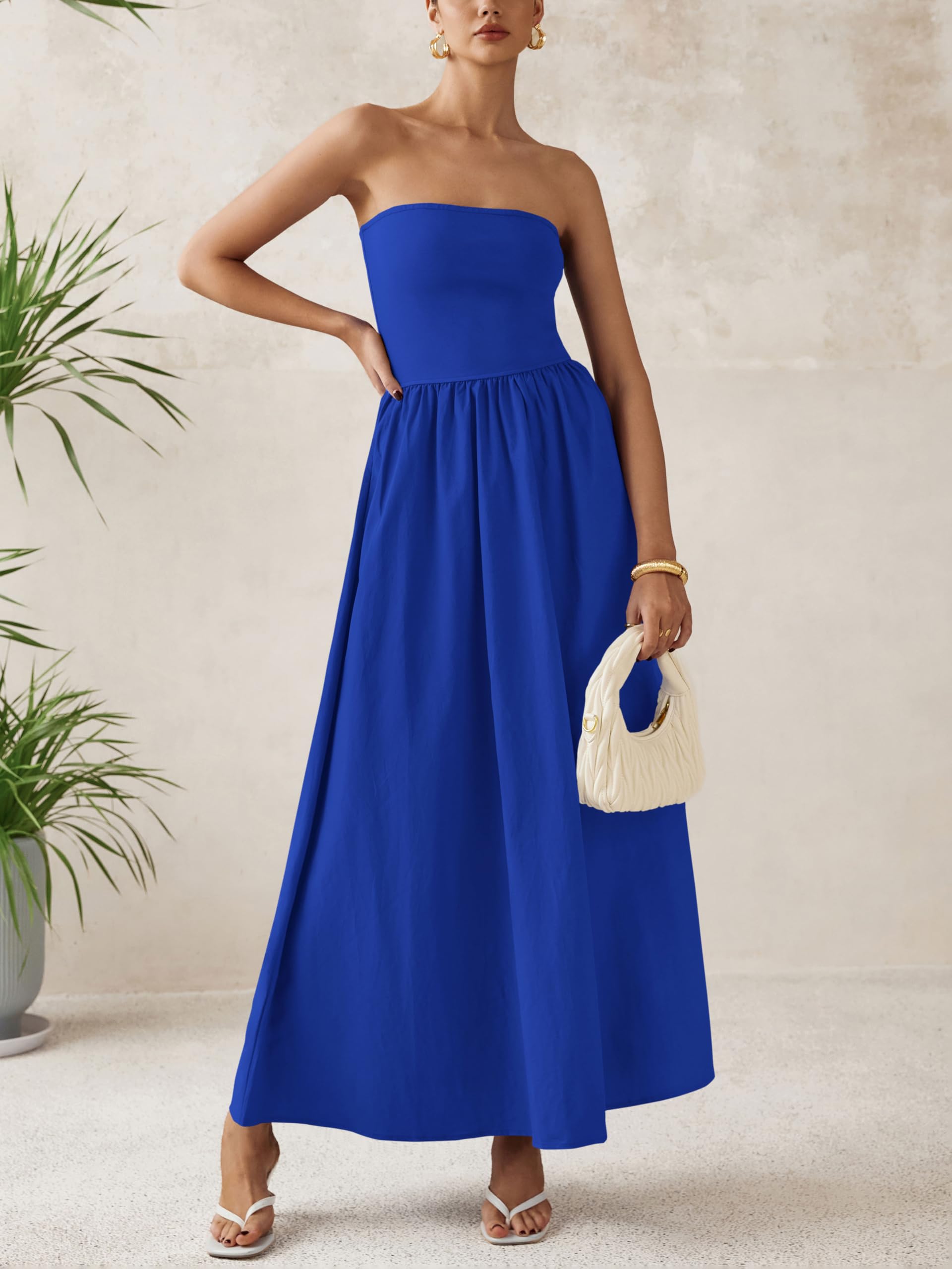 Foto 4 pulgar | Vestido Largo Prettygarden Para Mujer 2025, Sin Tirantes, Línea A, Azul - Venta Internacional.