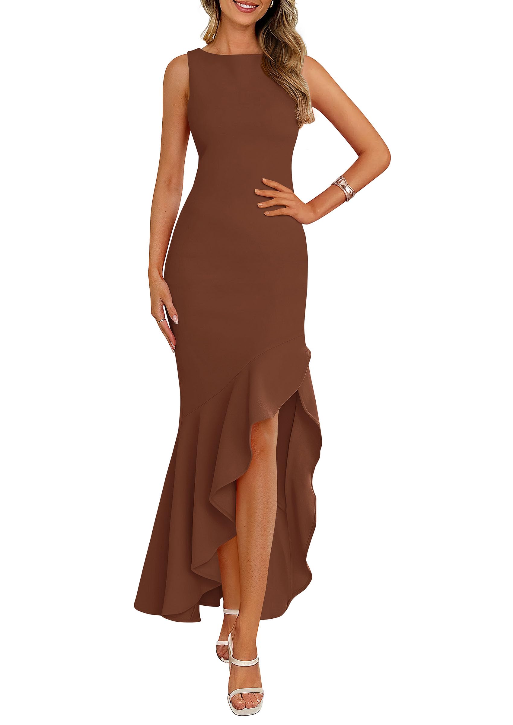 Vestido Largo Prettygarden 2025 Sin Mangas Con Volantes En Forma De Sirena, Color Café - Venta Internacional.