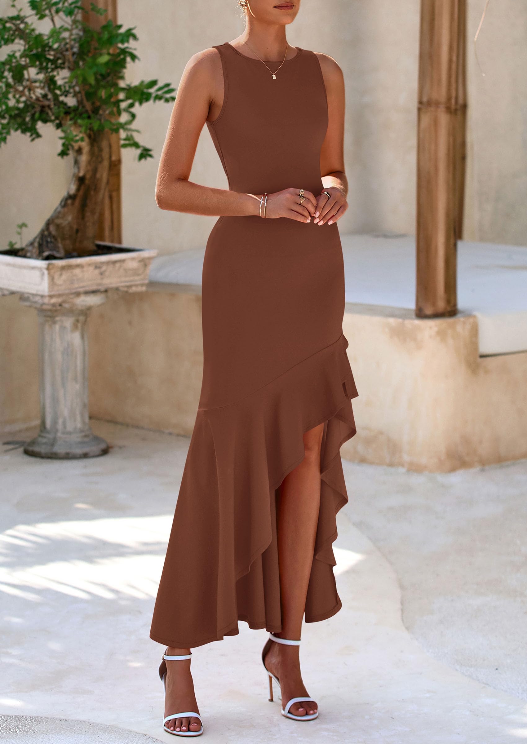 Foto 7 | Vestido Largo Prettygarden 2025 Sin Mangas Con Volantes En Forma De Sirena, Color Café - Venta Internacional.