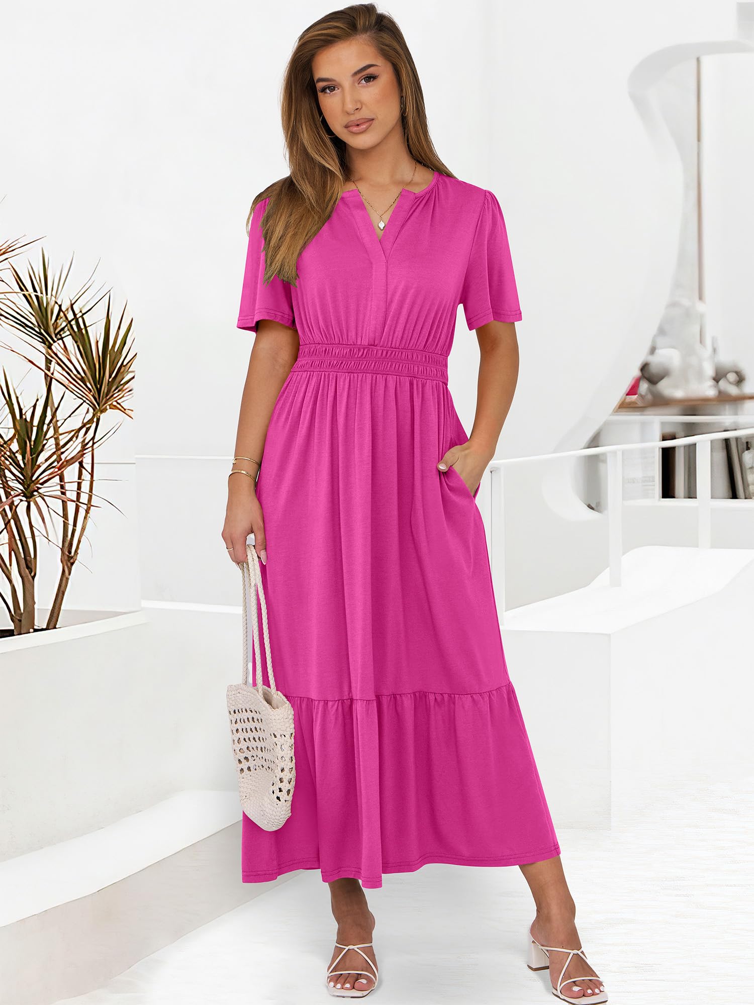 Foto 2 | Vestido Largo Anrabess 2025, Verano, Manga Corta, Cuello En V, Rojo - Venta Internacional.