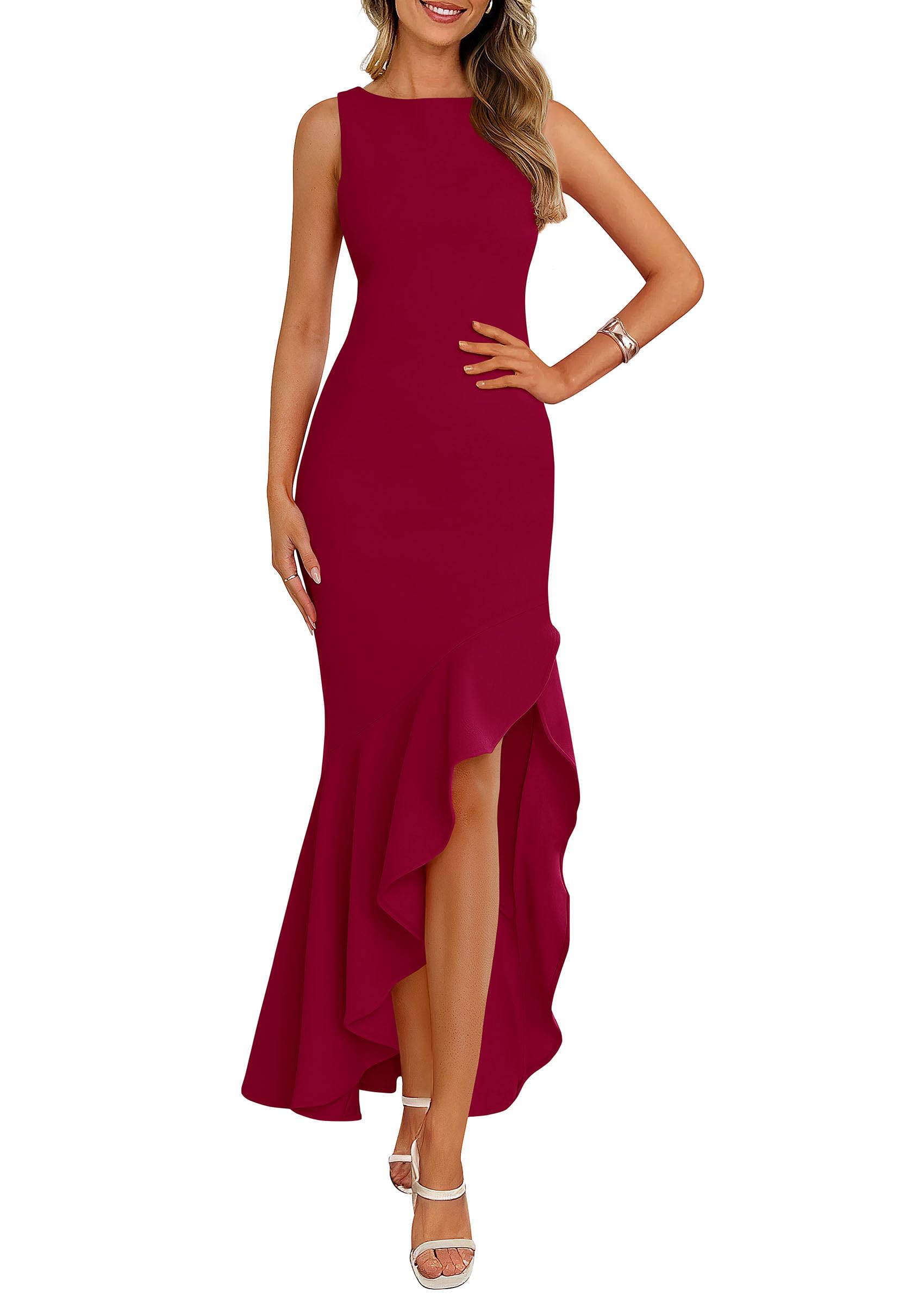 Vestido Largo Prettygarden 2025 Sin Mangas Con Volantes, Sirena, Color Rojo Vino - Venta Internacional.