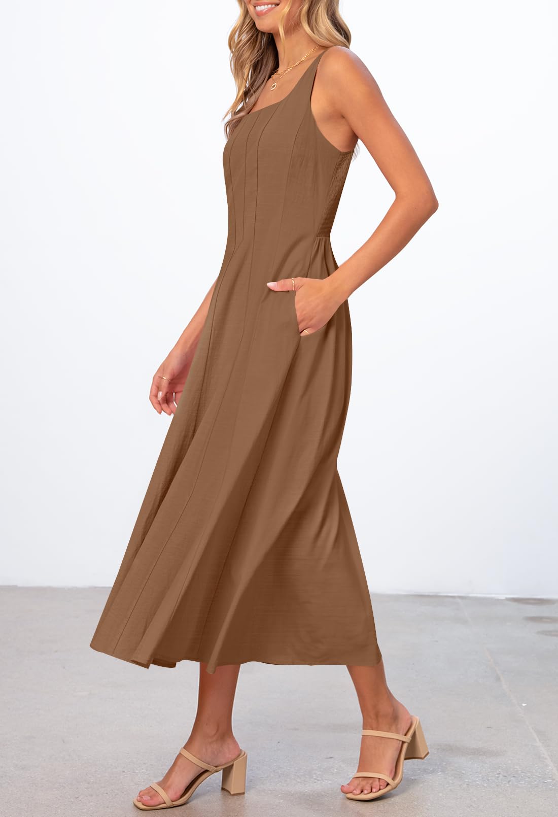 Foto 3 pulgar | Vestido Midi Merokeety Para Mujer 2025, Verano, Sin Mangas, Color Café - Venta Internacional.