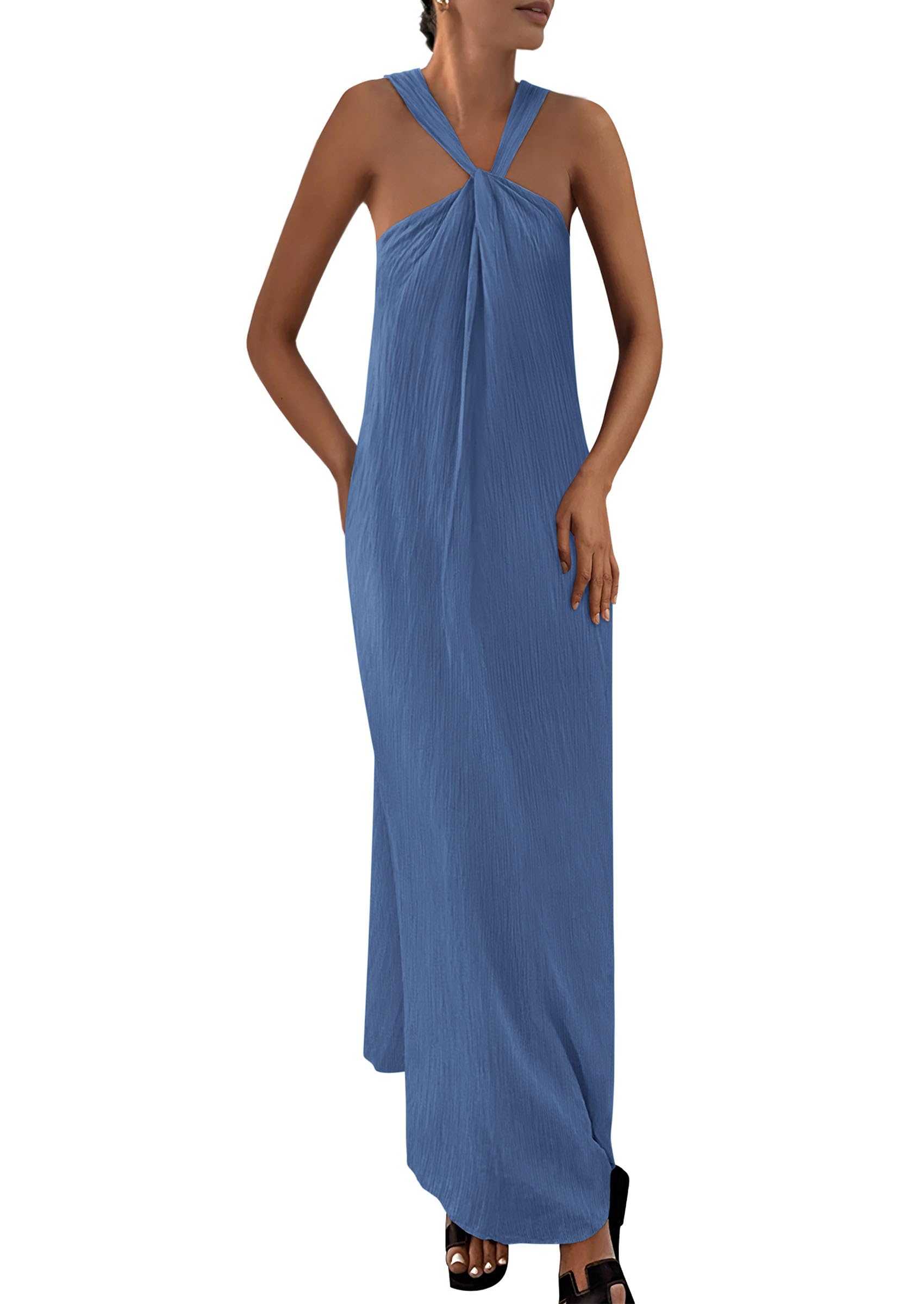 Vestido De Verano Prettygarden 2025 Para Mujer Sin Mangas, Maxi Gris Azul - Venta Internacional.