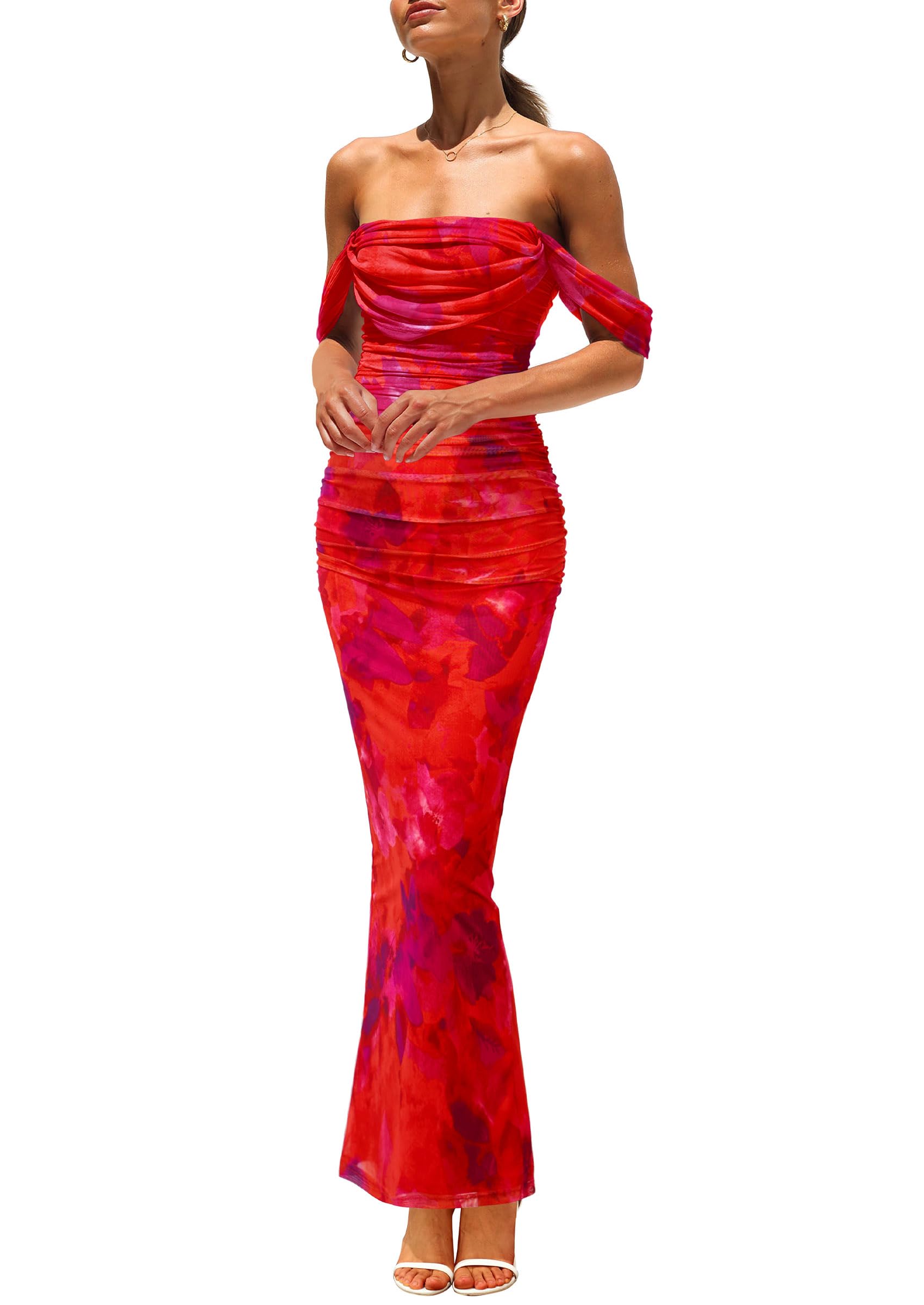 Foto 2 pulgar | Vestido Largo Prettygarden Para Mujer, Ajustado Fruncido, Rojo Oxidado, Con Estampado Floral - Venta Internacional.